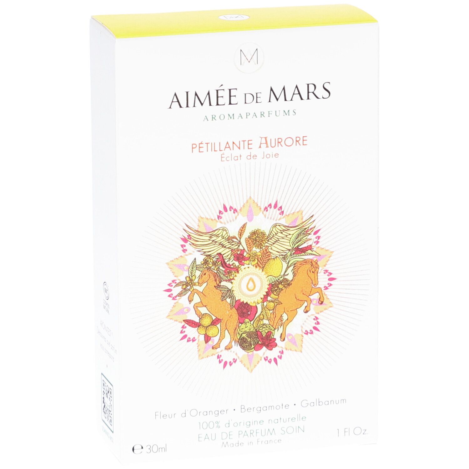 Verpakking van Aimée de Mars® Sparkling Aurore Eau de Parfum. Vooraanzicht met bloemendesign en productnaam.