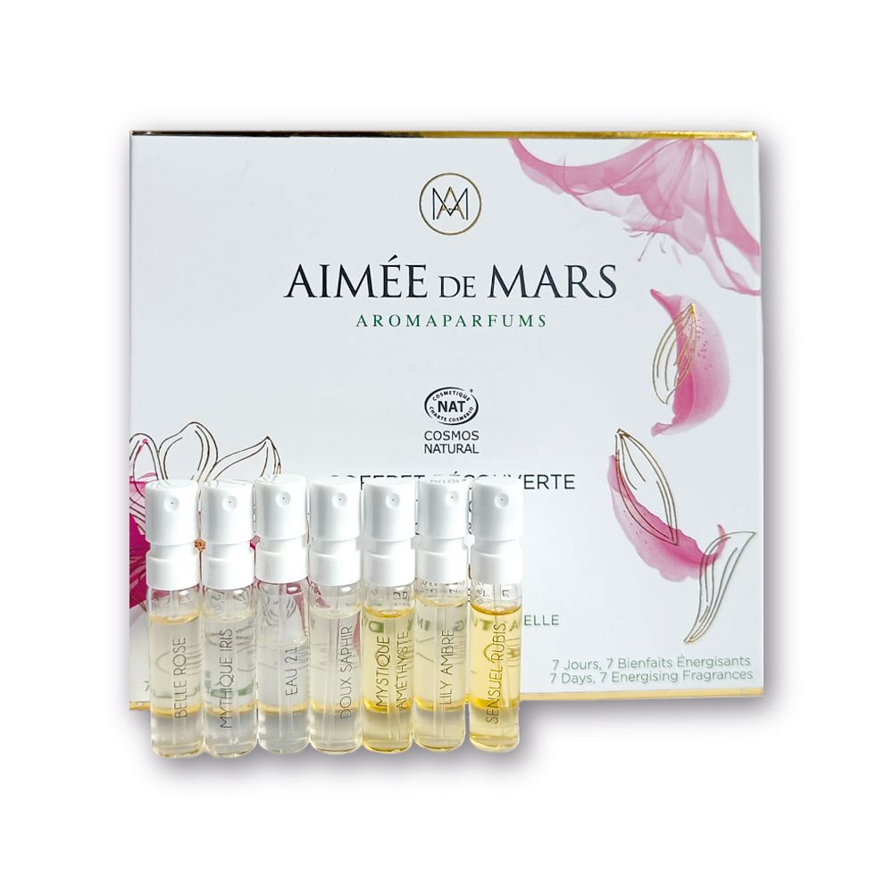 Aimée de Mars® Discovery Set Collection Florale. Six petits flacons et une boîte avec logo et motifs floraux.