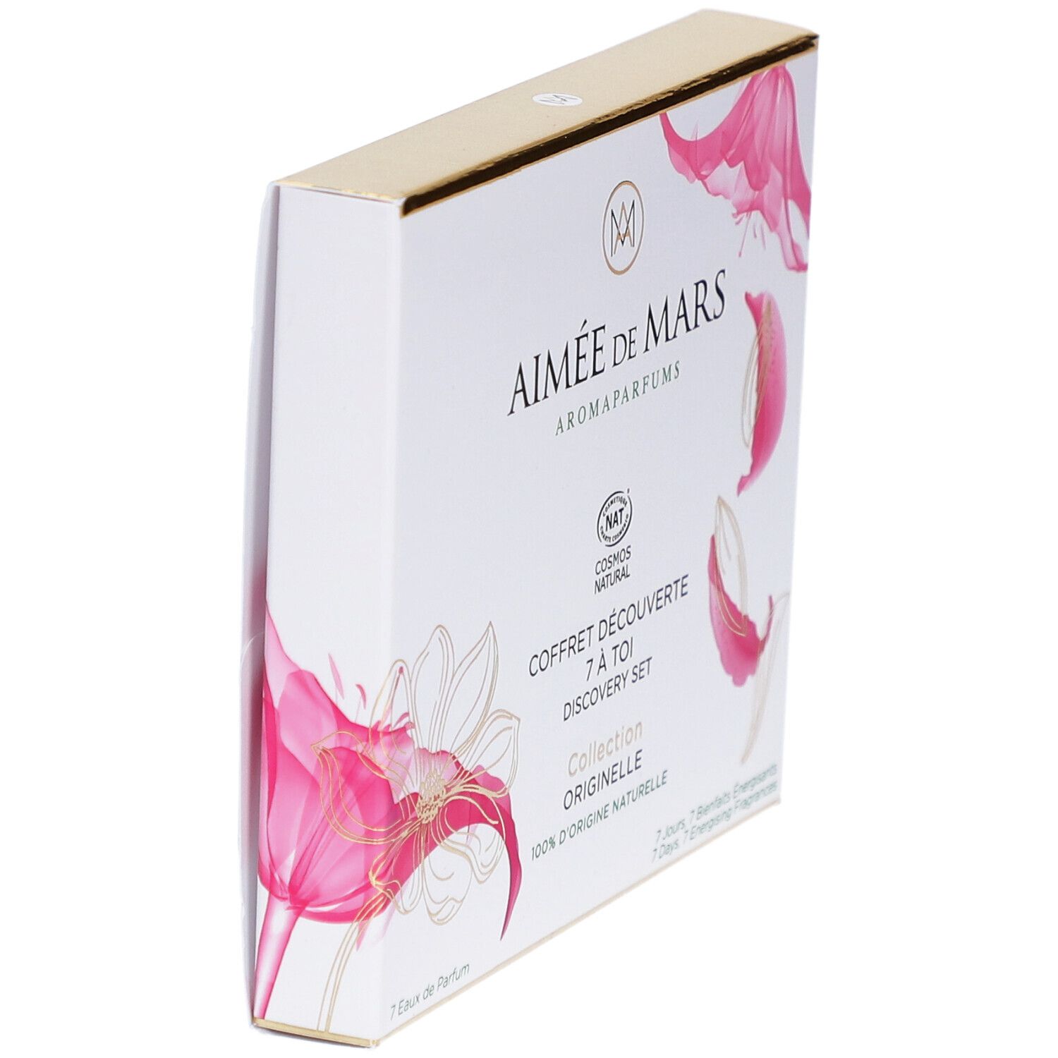 Schuin geplaatste witte doos met gouden bovenkant. Opschrift: Aimée de Mars, Aromaparfums, Coffret Découverte, 7 à toi, Discovery Set.