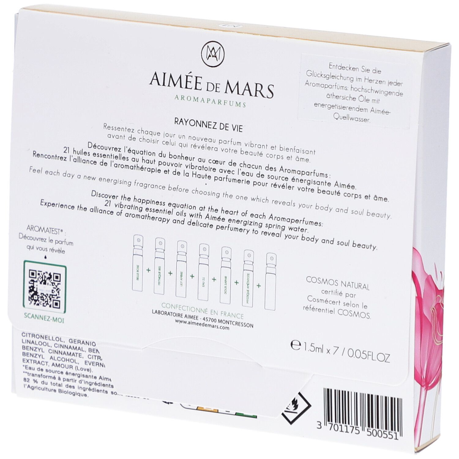 Achterkant van de doos. Opschrift: Aimée de Mars, Aromaparfums, Rayonnez de Vie. Bevat 7 samples. Cosmos Natural certificering.