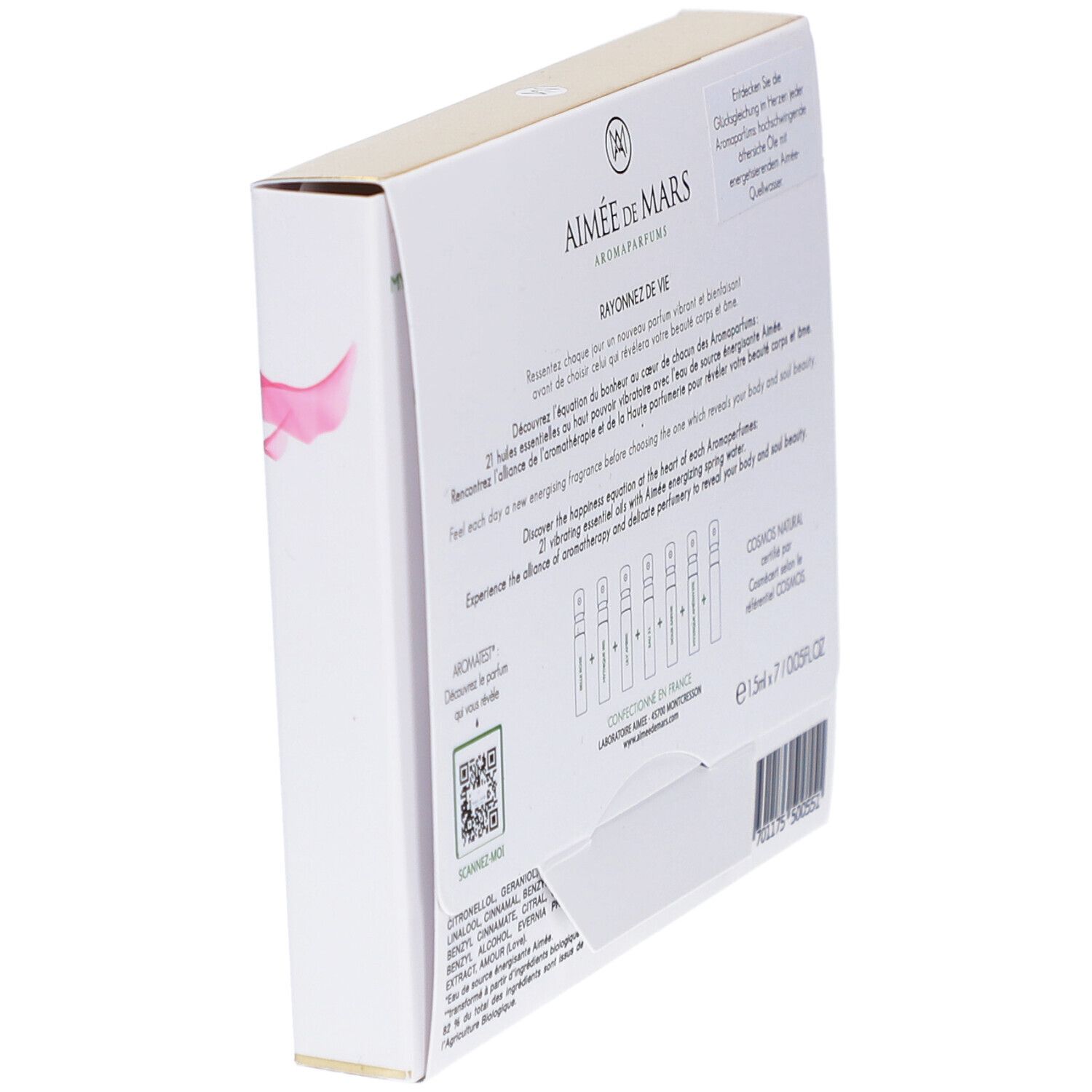 Schuin geplaatste achterkant van de doos. Opschrift: Aimée de Mars, Aromaparfums, Rayonnez de Vie. Bevat 7 samples. Cosmos Natural certificering.