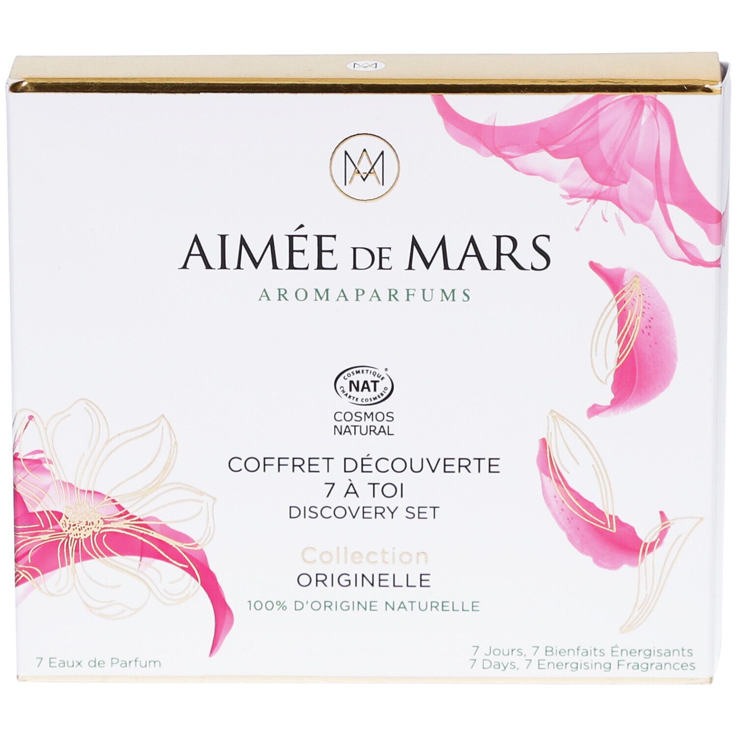 Witte doos met gouden bovenkant. Opschrift: Aimée de Mars, Aromaparfums, Coffret Découverte, 7 à toi, Discovery Set.