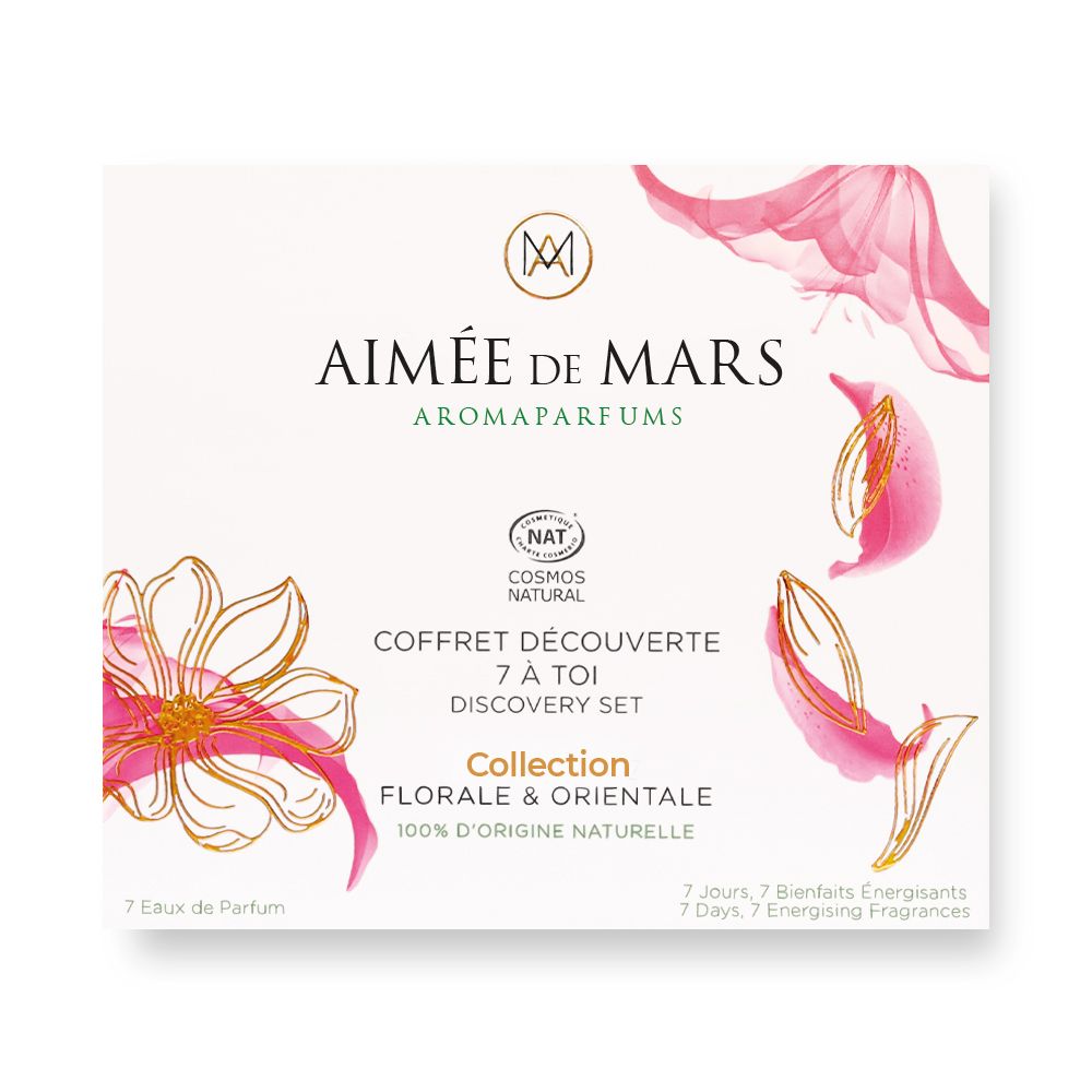 Aimée de Mars® Discovery Set. Boîte blanche avec logo, design floral et texte. Certification NAT.
