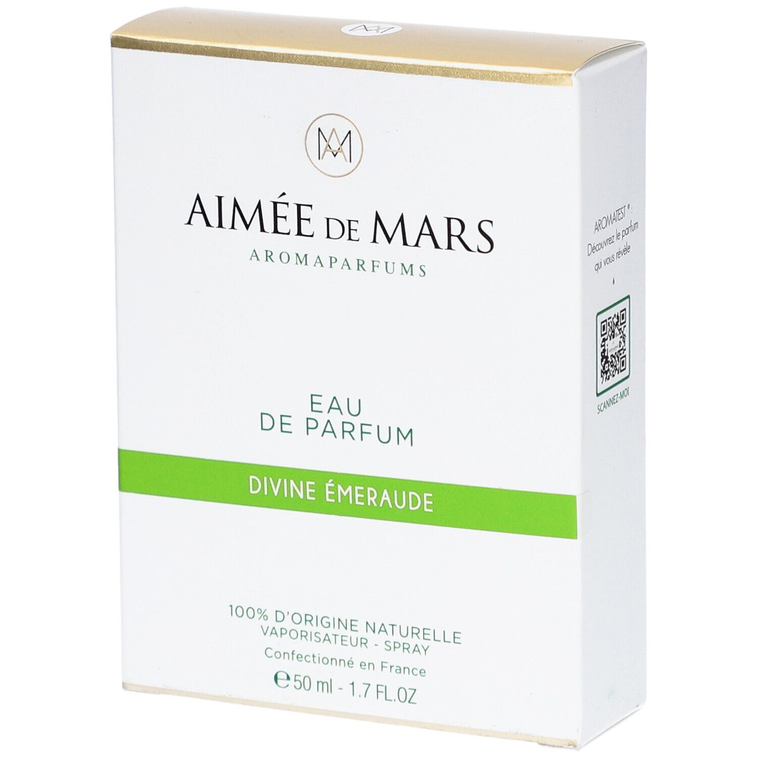 Witte doos met gouden bovenkant. Opschrift: Aimée de Mars, Eau de Parfum Divine Émeraude. 100% natuurlijke oorsprong.