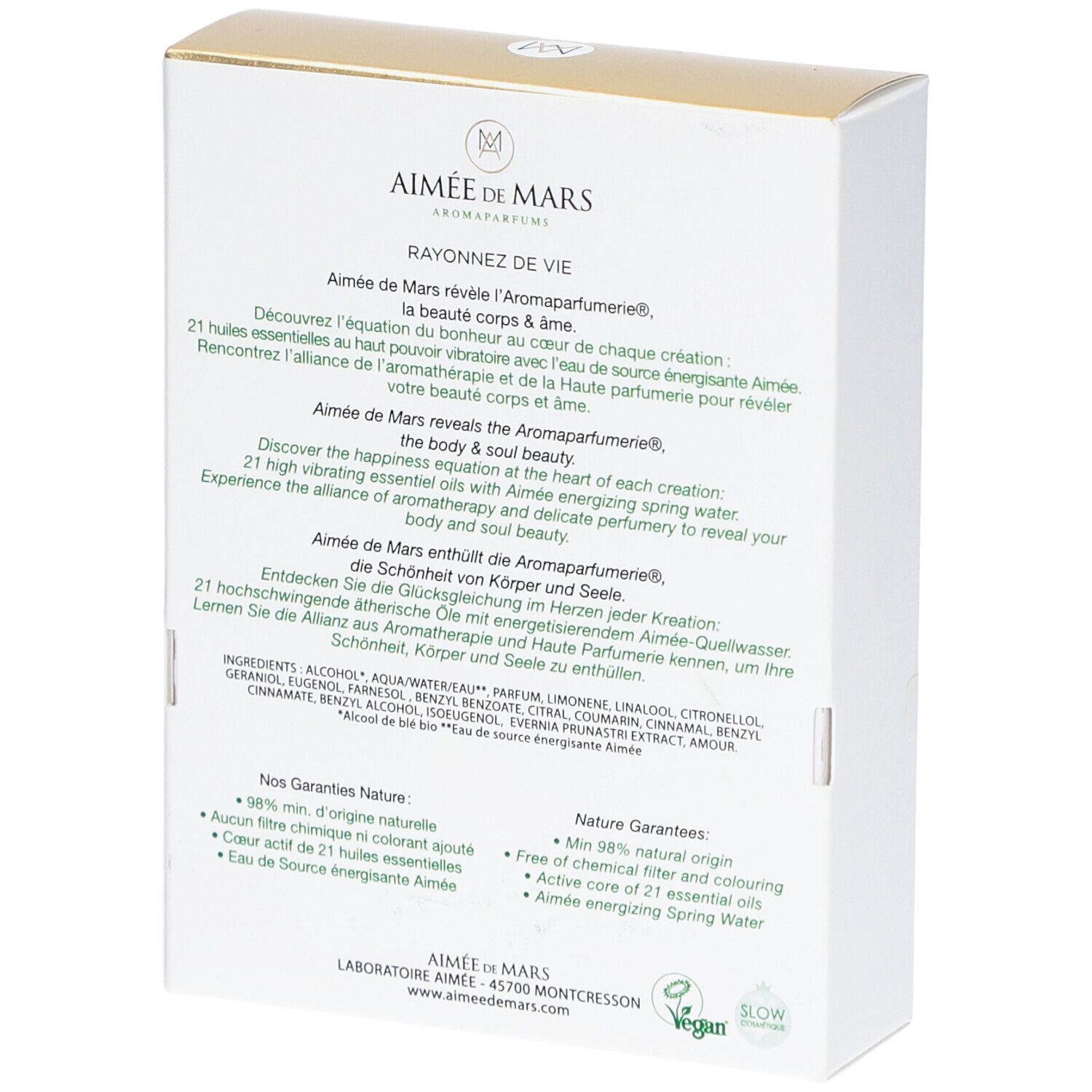 Achterkant van de doos. Tekst: Aimée de Mars, Rayonnez de Vie. Ingrediënten en garanties. Vegan-logo.