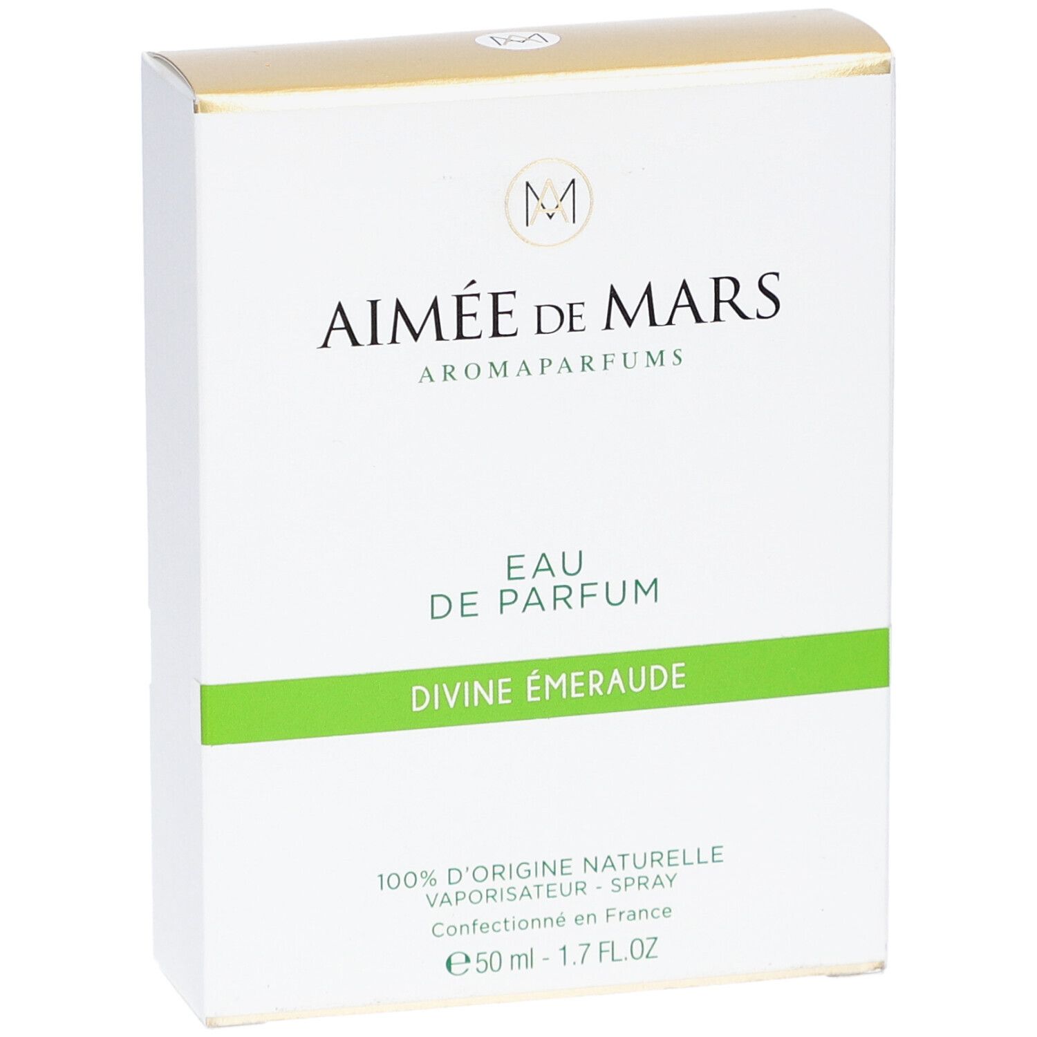 Witte doos met gouden bovenkant. Opschrift: Aimée de Mars, Eau de Parfum Divine Émeraude. Groene lijn.