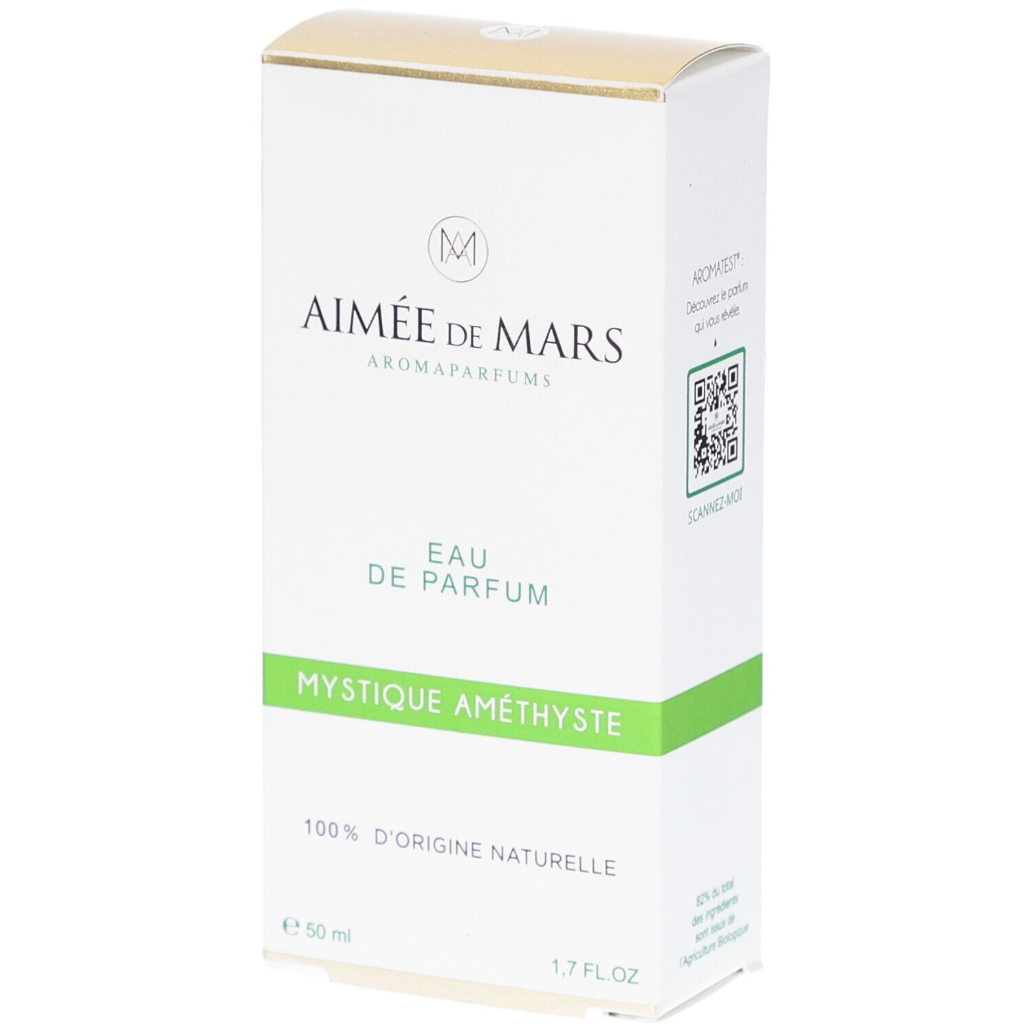 Witte en groene parfumverpakking. Tekst: Aimée de Mars, Eau de Parfum, Mystique Améthyste, 100% d'origine naturelle. 50 ml.