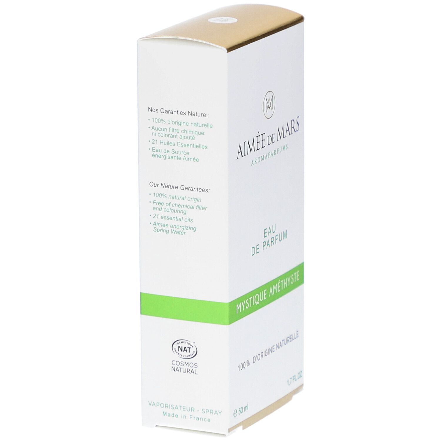 Witte en groene parfumverpakking. Tekst: Aimée de Mars, Eau de Parfum, Mystique Améthyste, 100% d'origine naturelle. Cosmos Natural.