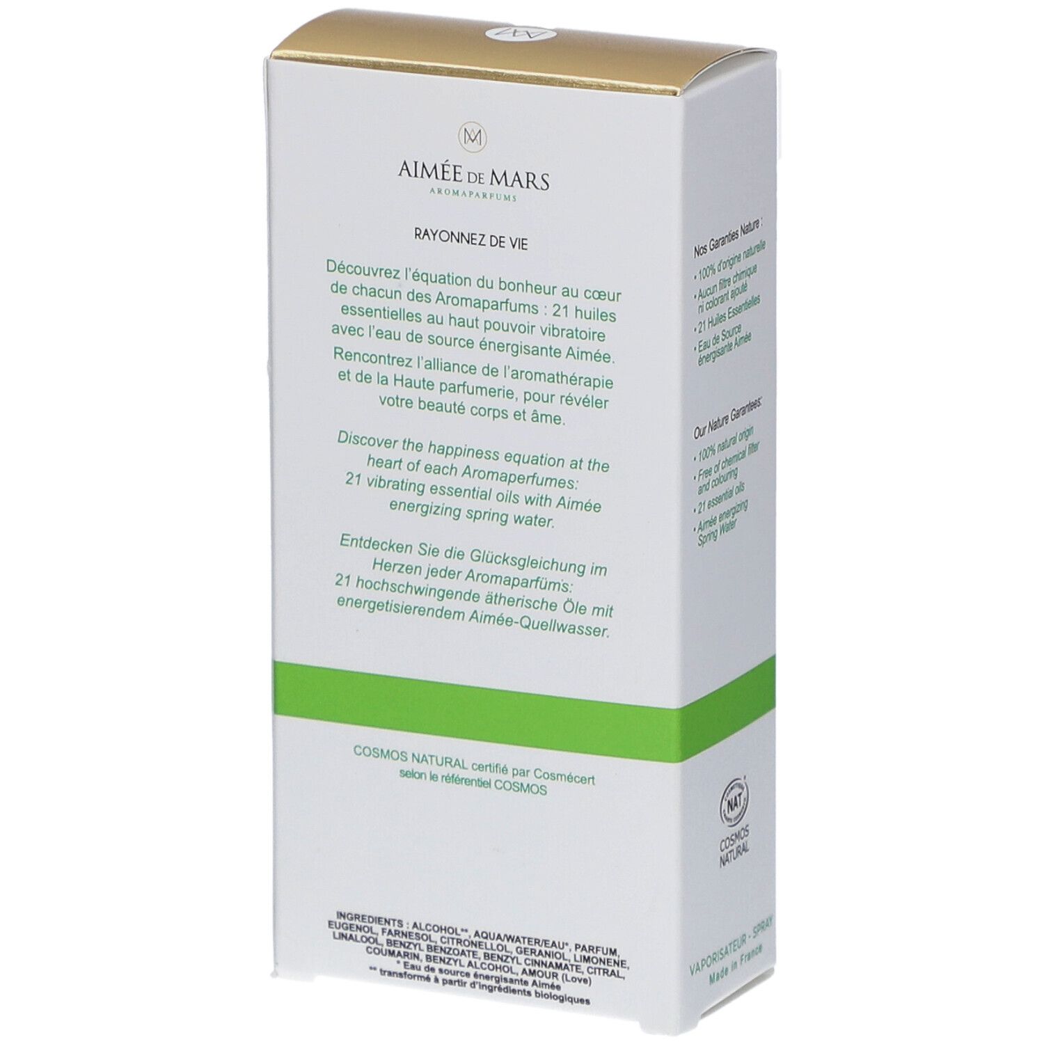 Achterkant parfumverpakking. Tekst: Aimée de Mars, Rayonnez de Vie, Cosmos Natural gecertificeerd. Ingrediënten en info.