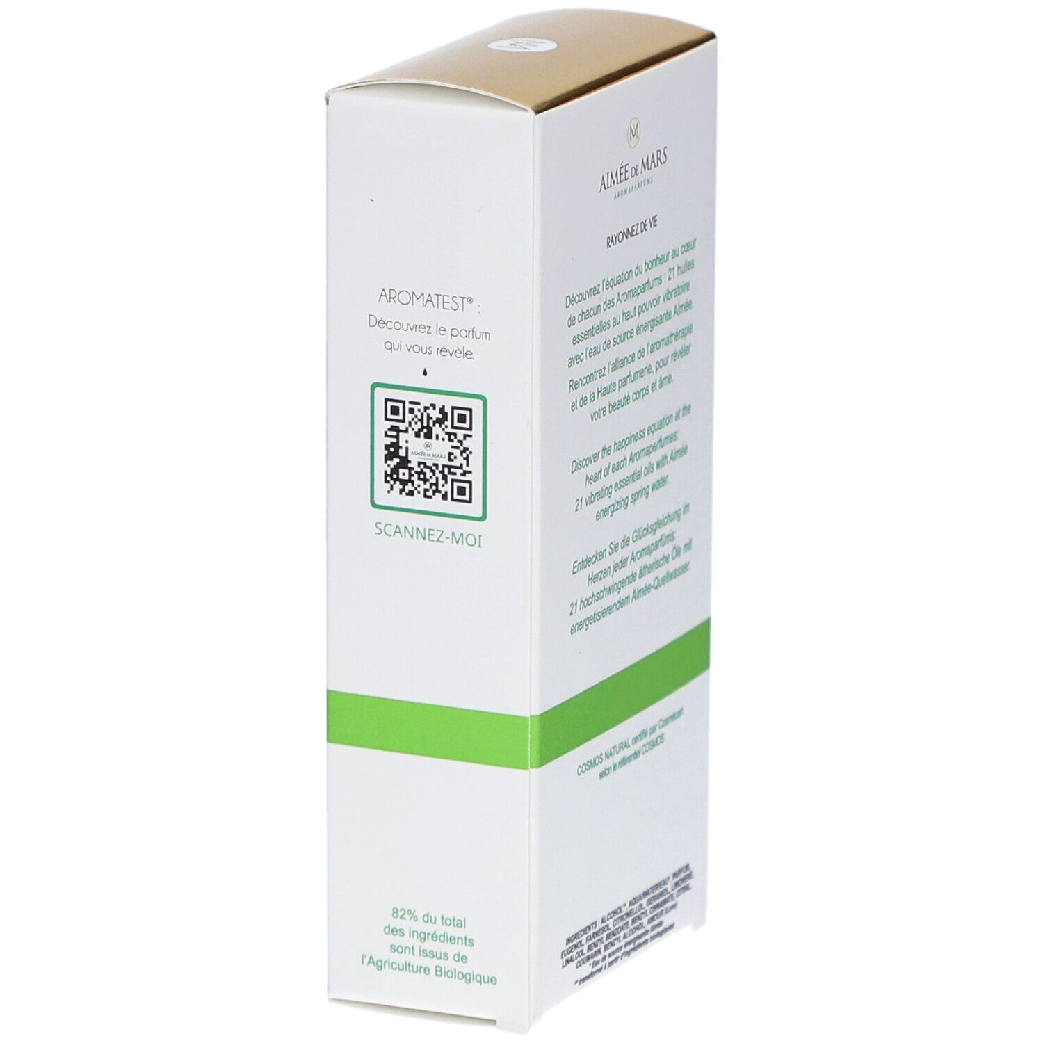 Parfumverpakking met QR-code. Tekst: Aimée de Mars, Aromates, Scan me, 82% van de ingrediënten zijn biologisch.