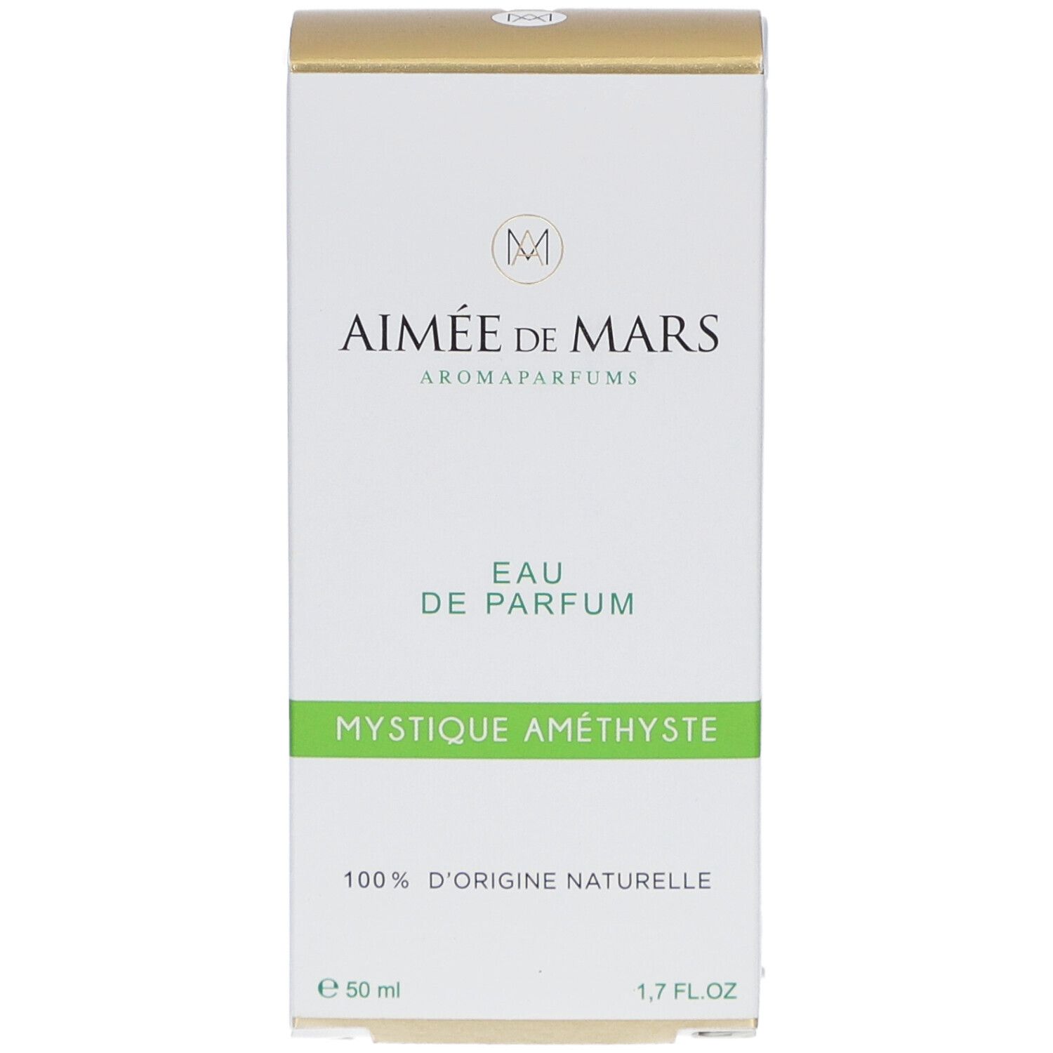 Voorkant parfumverpakking. Tekst: Aimée de Mars, Eau de Parfum, Mystique Améthyste, 100% d'origine naturelle. 50 ml.