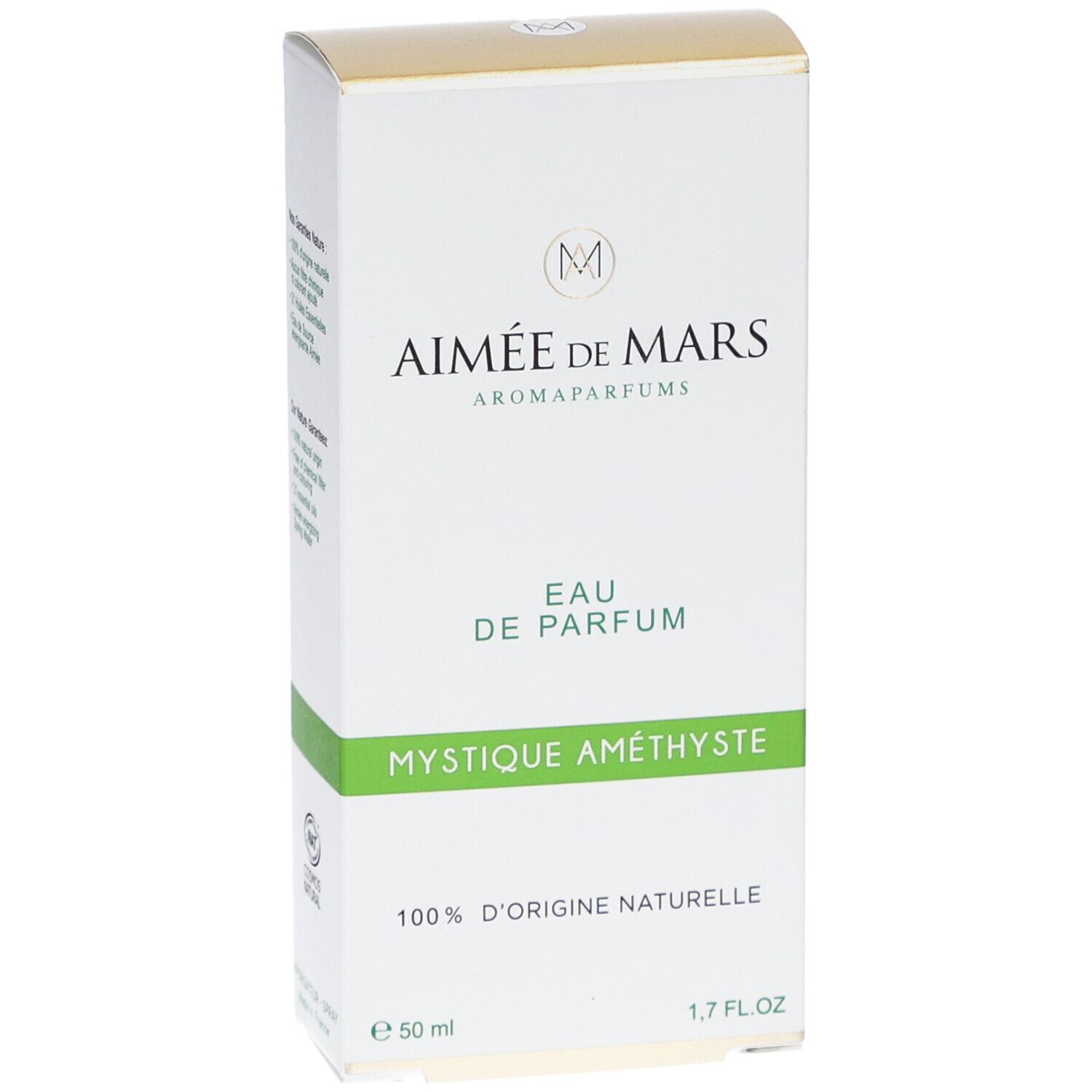 Parfumverpakking. Tekst: Aimée de Mars, Eau de Parfum, Mystique Améthyste, 100% d'origine naturelle. Milieukeurmerken.