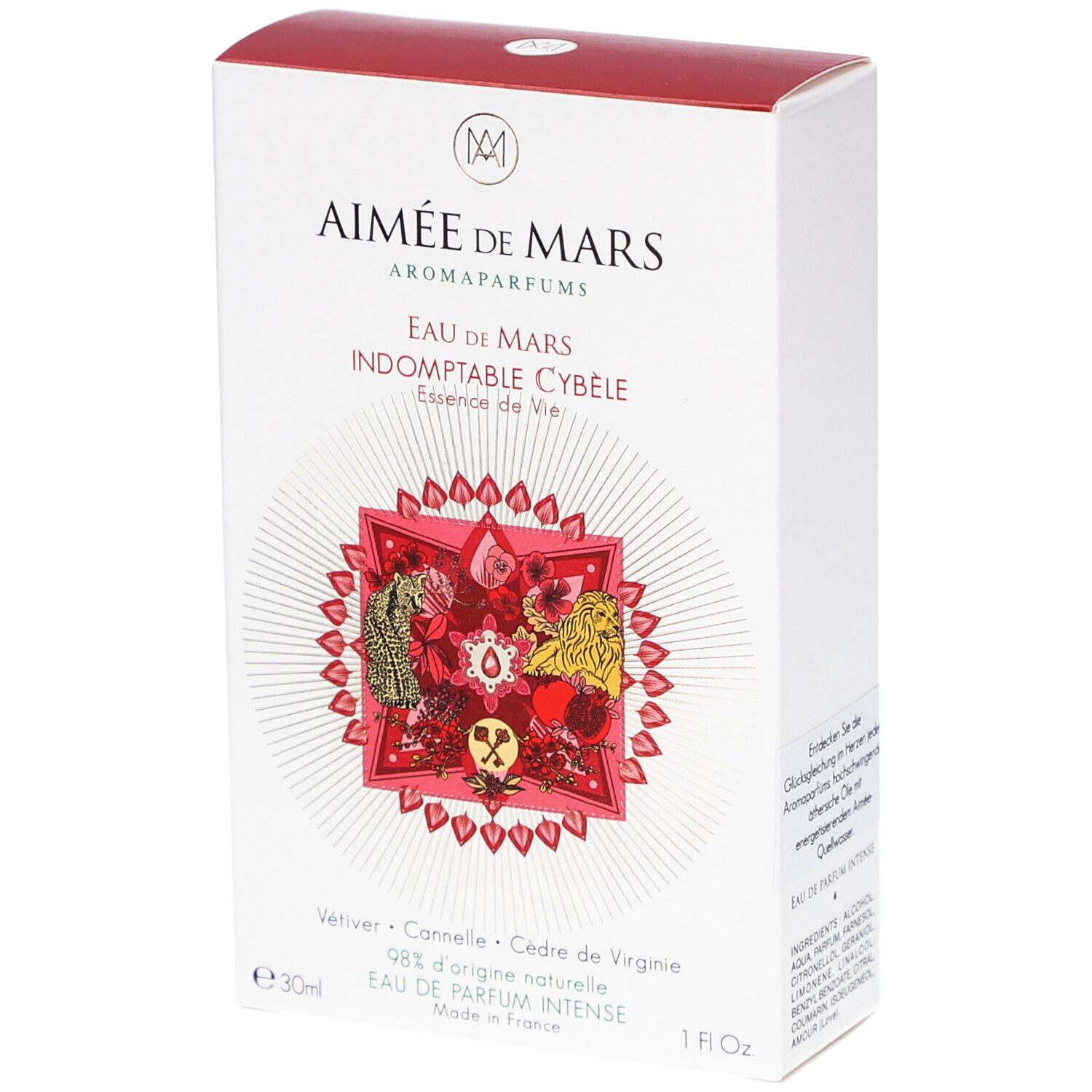 Witte doos met rode deksel. Opschrift: Aimée de Mars, Eau de Mars Indomptable Cybèle. Rood design met bloemelementen.