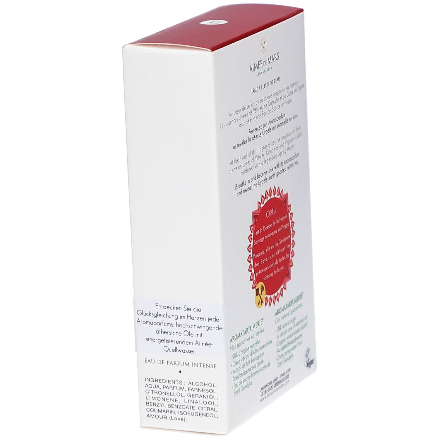 Witte doos met rode deksel. Tekst en logo op de zijkant. Rood design met bloemelementen.