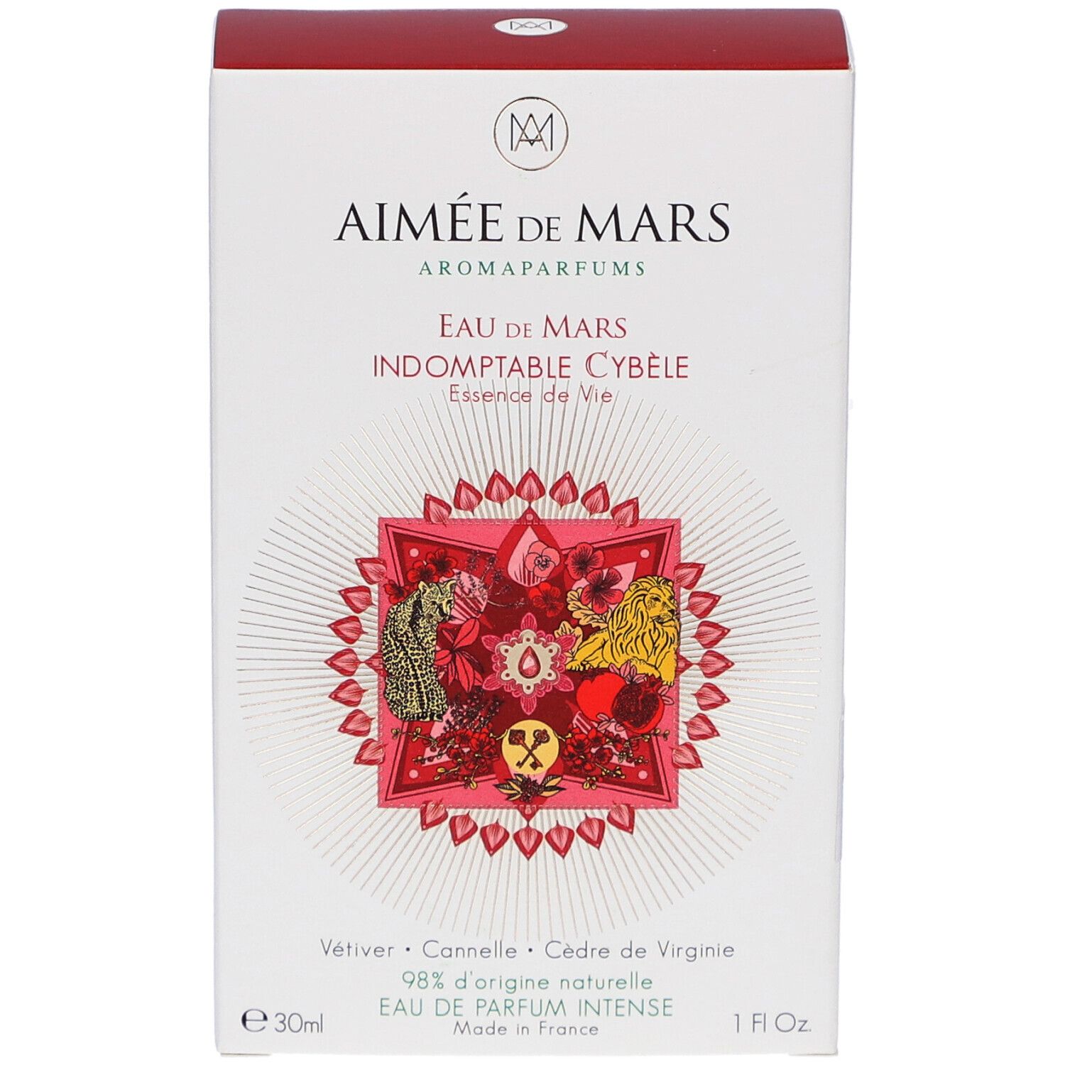 Witte doos met rode deksel. Opschrift: Aimée de Mars, Eau de Mars Indomptable Cybèle. Rood design met bloemelementen.