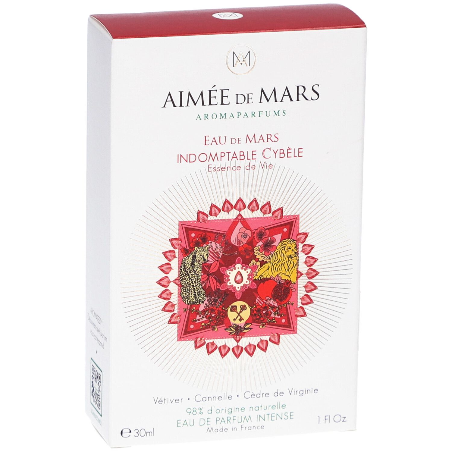 Witte doos met rode deksel. Opschrift: Aimée de Mars, Eau de Mars Indomptable Cybèle. Rood design met bloemelementen.