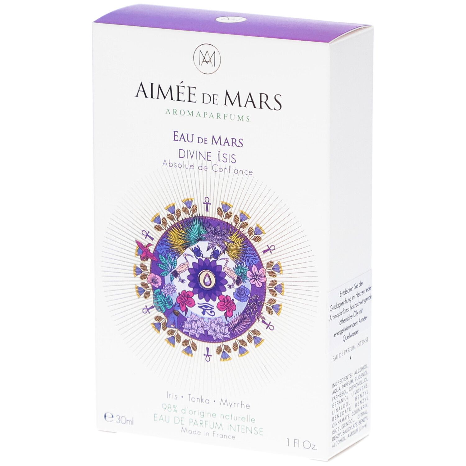 Witte doos met paars deksel. Opschrift: Aimée de Mars, Eau de Mars Divine Isis. Bloemenontwerp. 30ml, 1 fl. oz.