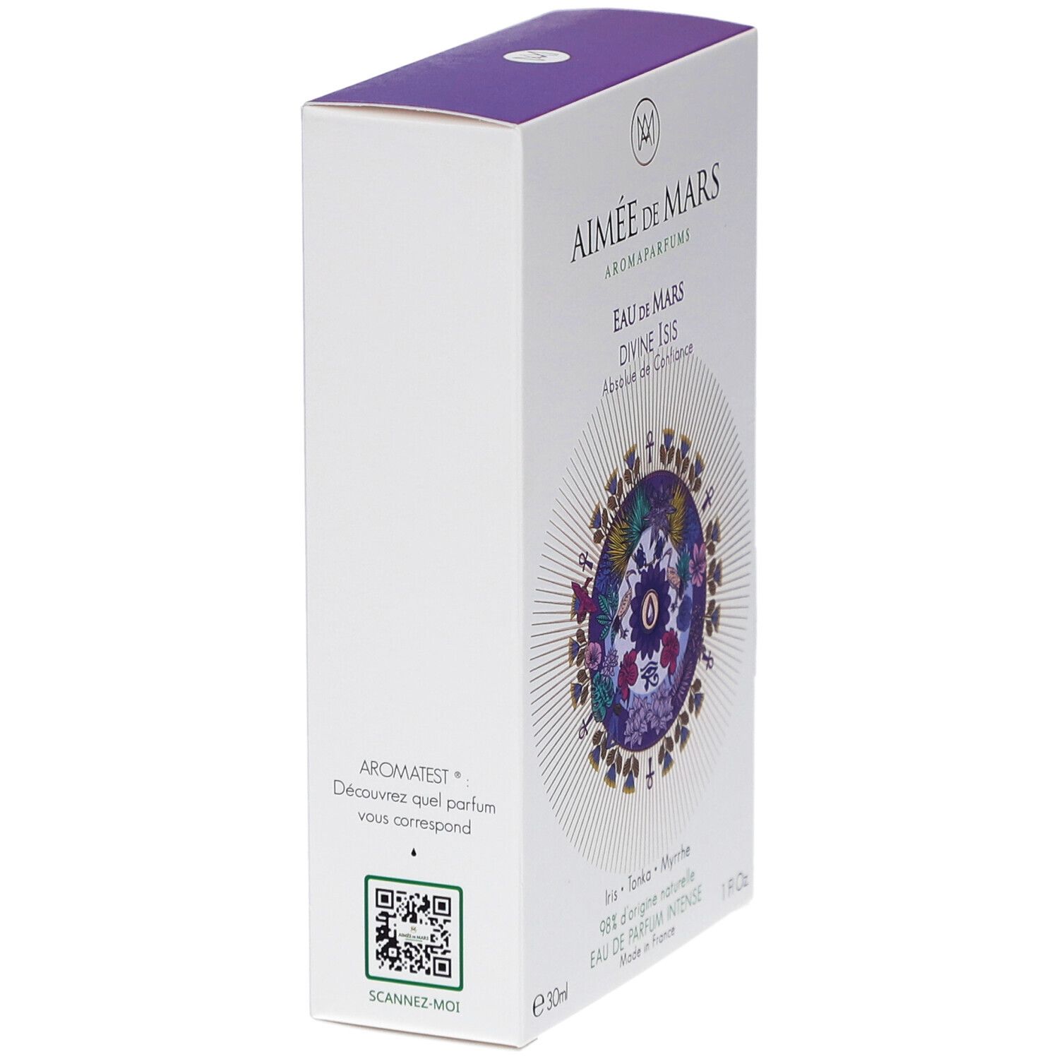 Witte doos, paars deksel. Opschrift: Aimée de Mars, Eau de Mars Divine Isis. Bloemenontwerp. QR-code. 30ml, 1 fl. oz.