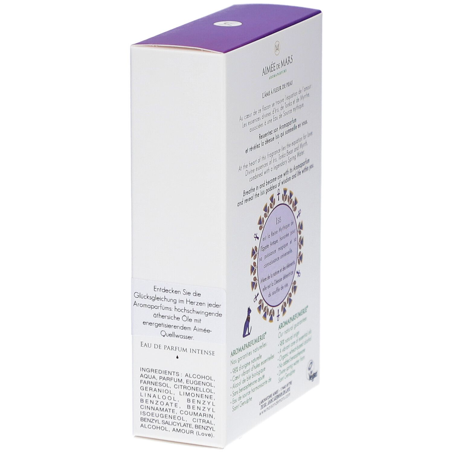 Witte doos, paars deksel. Tekst: Aimée de Mars, Eau de Mars Divine Isis. Bloemenontwerp. Ingrediënten. Vegan-logo.