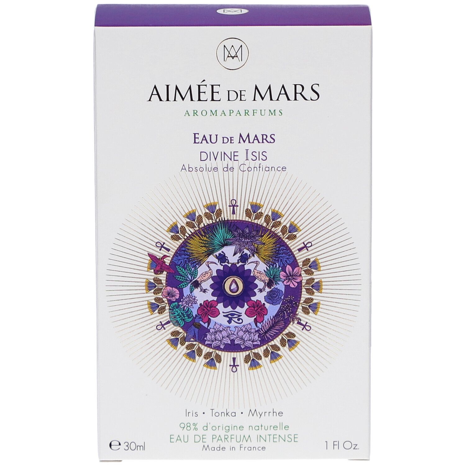 Witte doos met paars deksel. Opschrift: Aimée de Mars, Eau de Mars Divine Isis. Bloemenontwerp. 30ml, 1 fl. oz.