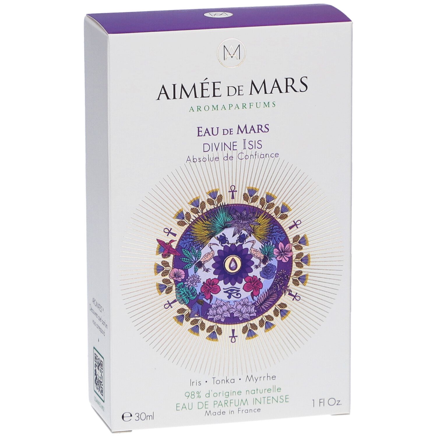Witte doos met paars deksel. Opschrift: Aimée de Mars, Eau de Mars Divine Isis. Bloemenontwerp. 30ml, 1 fl. oz.