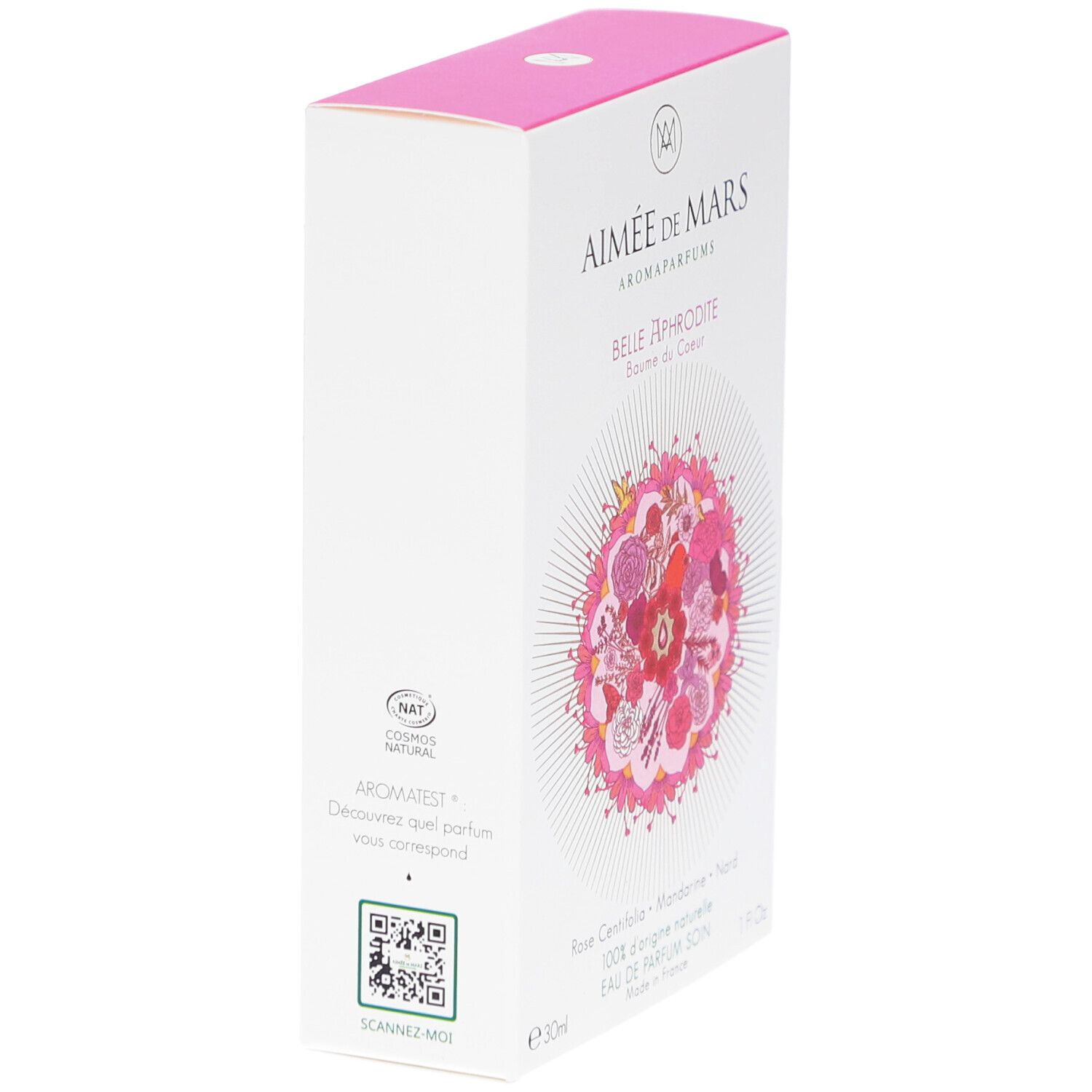 Witte doos met roze deksel. Opschrift: Aimée de Mars, Belle Aphrodite. Bloemenontwerp. QR-code.