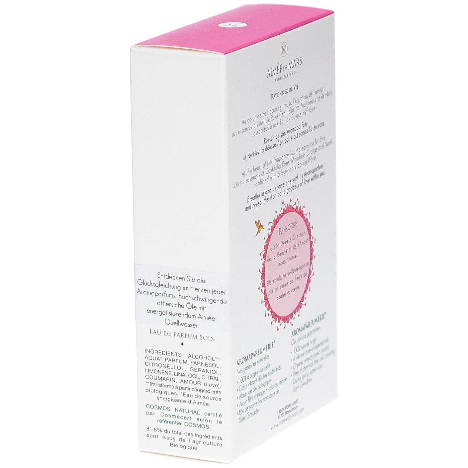 Witte doos met roze deksel. Tekst: Aimée de Mars. Ingrediënten. Certificeringen. QR-code.