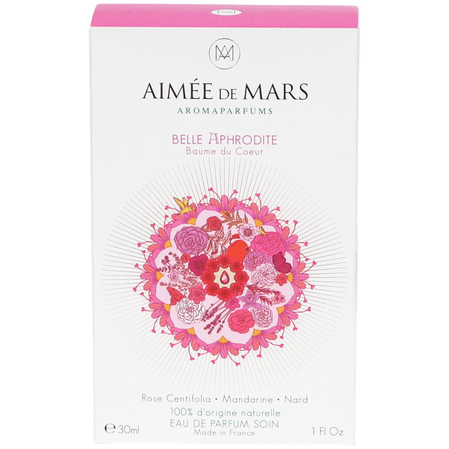 Witte doos met roze deksel. Opschrift: Aimée de Mars, Belle Aphrodite. Bloemenontwerp. 1 fl oz.