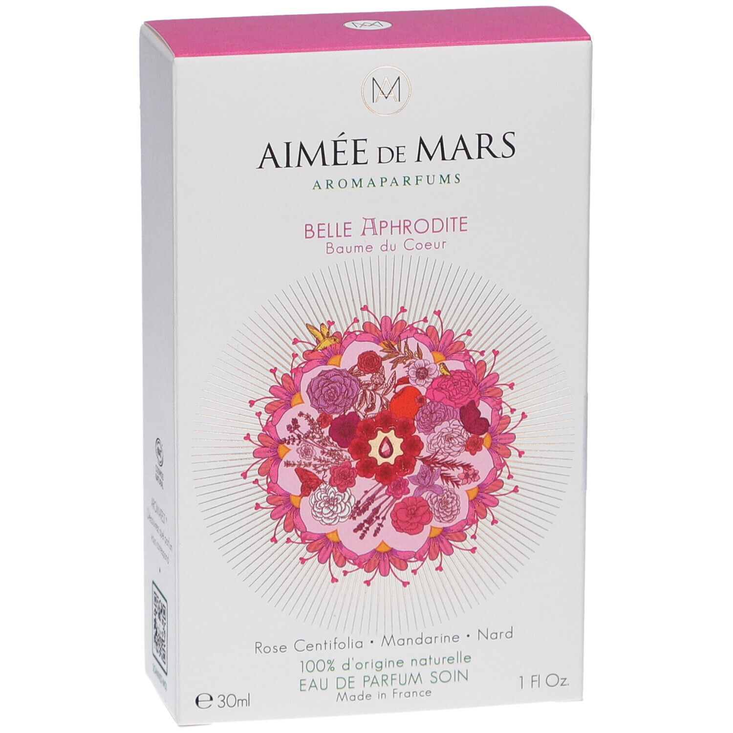 Witte doos met roze deksel. Opschrift: Aimée de Mars, Belle Aphrodite. Bloemenontwerp. 1 fl oz.