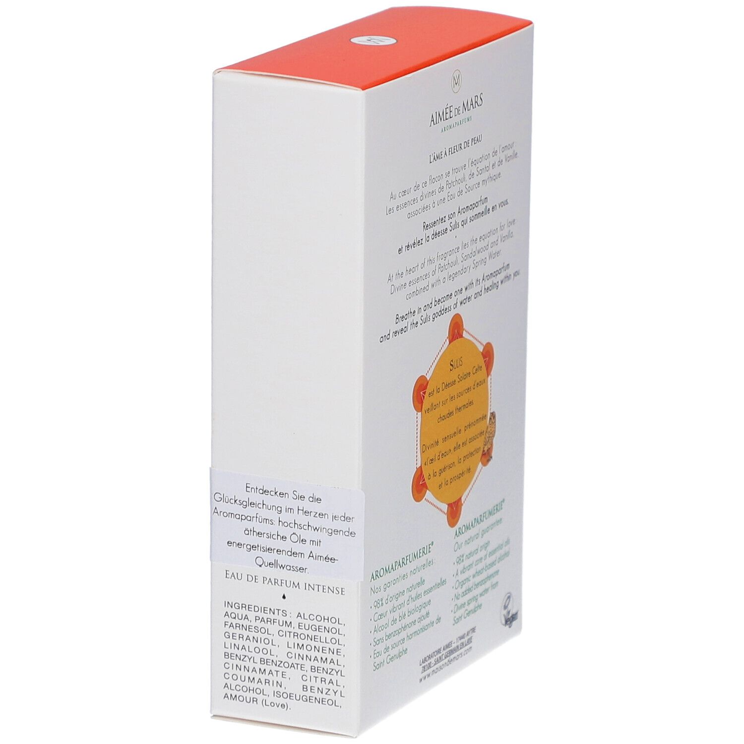Witte doos, oranje deksel. Tekst in het Duits en Engels. Ingrediëntenlijst. Aromaparfumerie-logo.