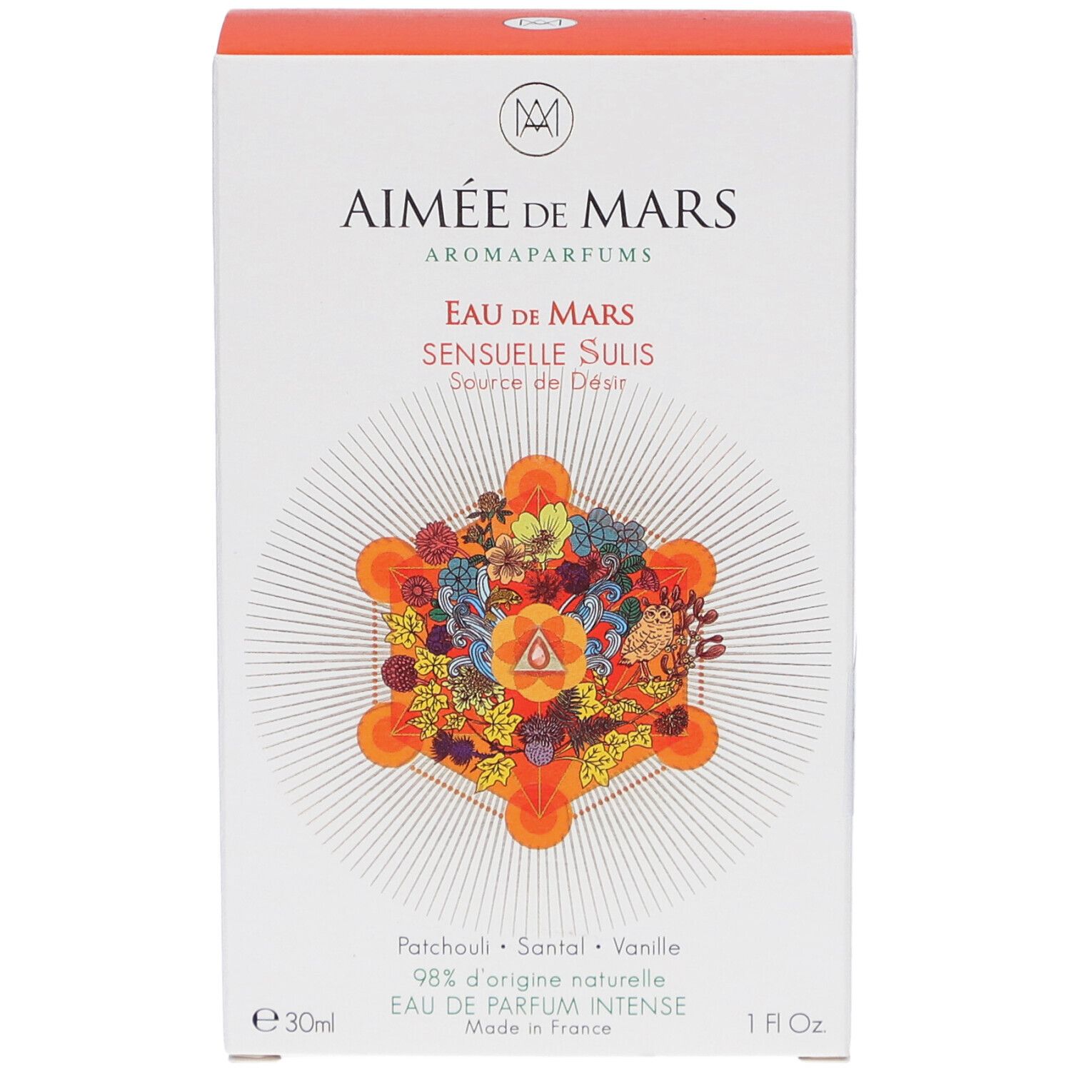 Witte doos met productnaam en bloemenontwerp. Tekst: Eau de Mars Sensuelle Sulis, 30ml, 1 fl oz.