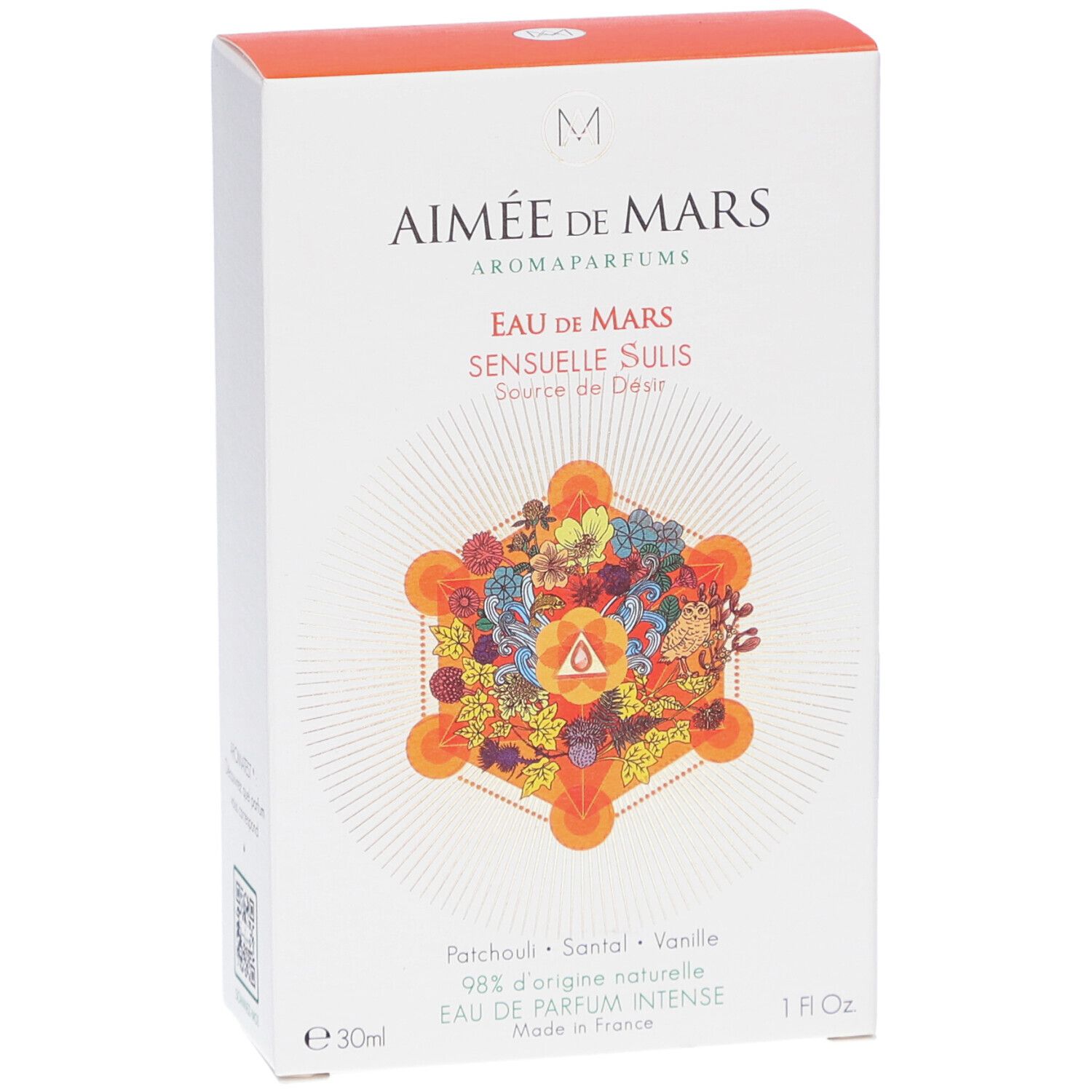 Witte doos met productnaam en bloemenontwerp. Tekst: Eau de Mars Sensuelle Sulis, 1 fl oz.
