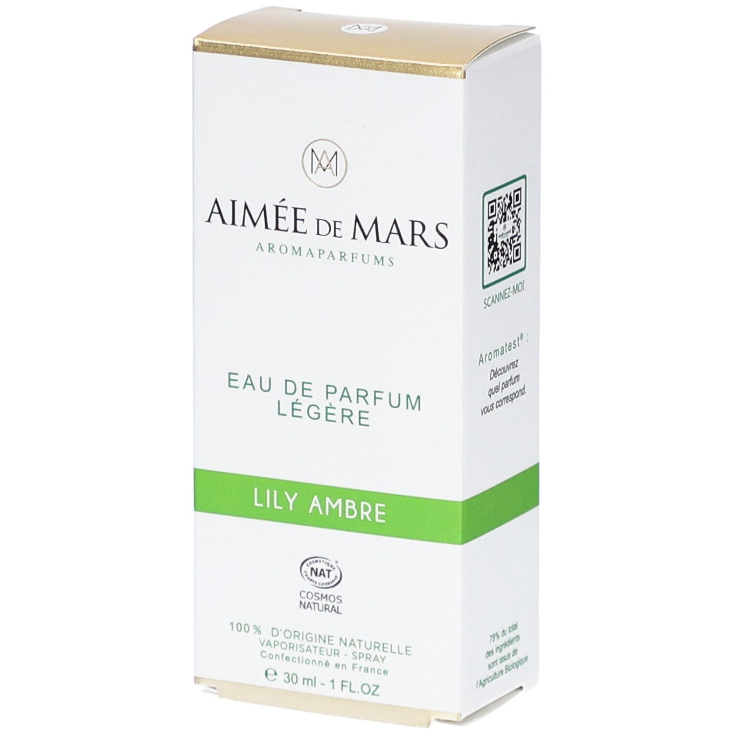 Witte doos met "Aimée de Mars" en "Lily Ambre". Groene streep. NAT-certificering. 30 ml.
