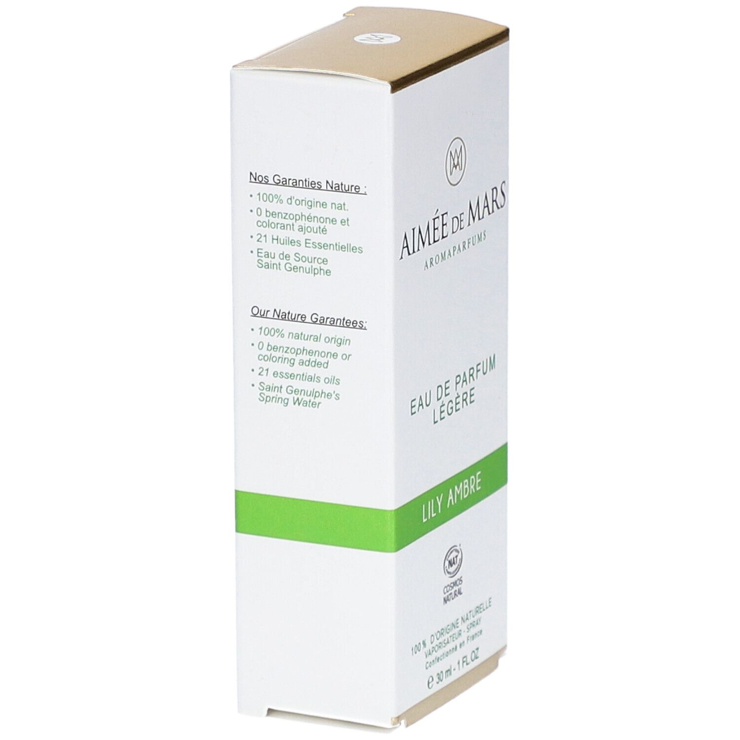 Witte doos met "Aimée de Mars" en info. Groene streep. NAT-certificering. 30 ml.