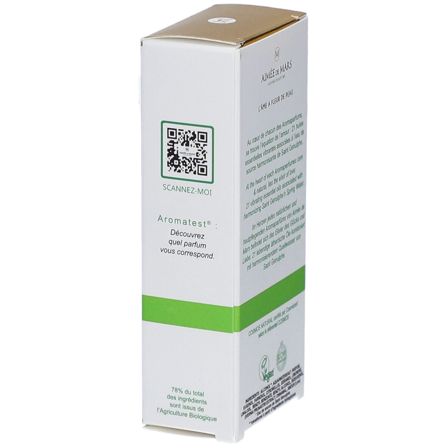 Witte doos met QR-code en tekst. Groene streep. Vegan logo. 78% van de ingrediënten zijn bio.