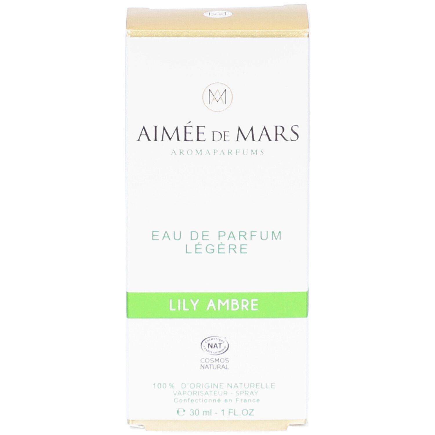 Witte doos met "Aimée de Mars" en "Lily Ambre". Groene streep. NAT-certificering. 30 ml.