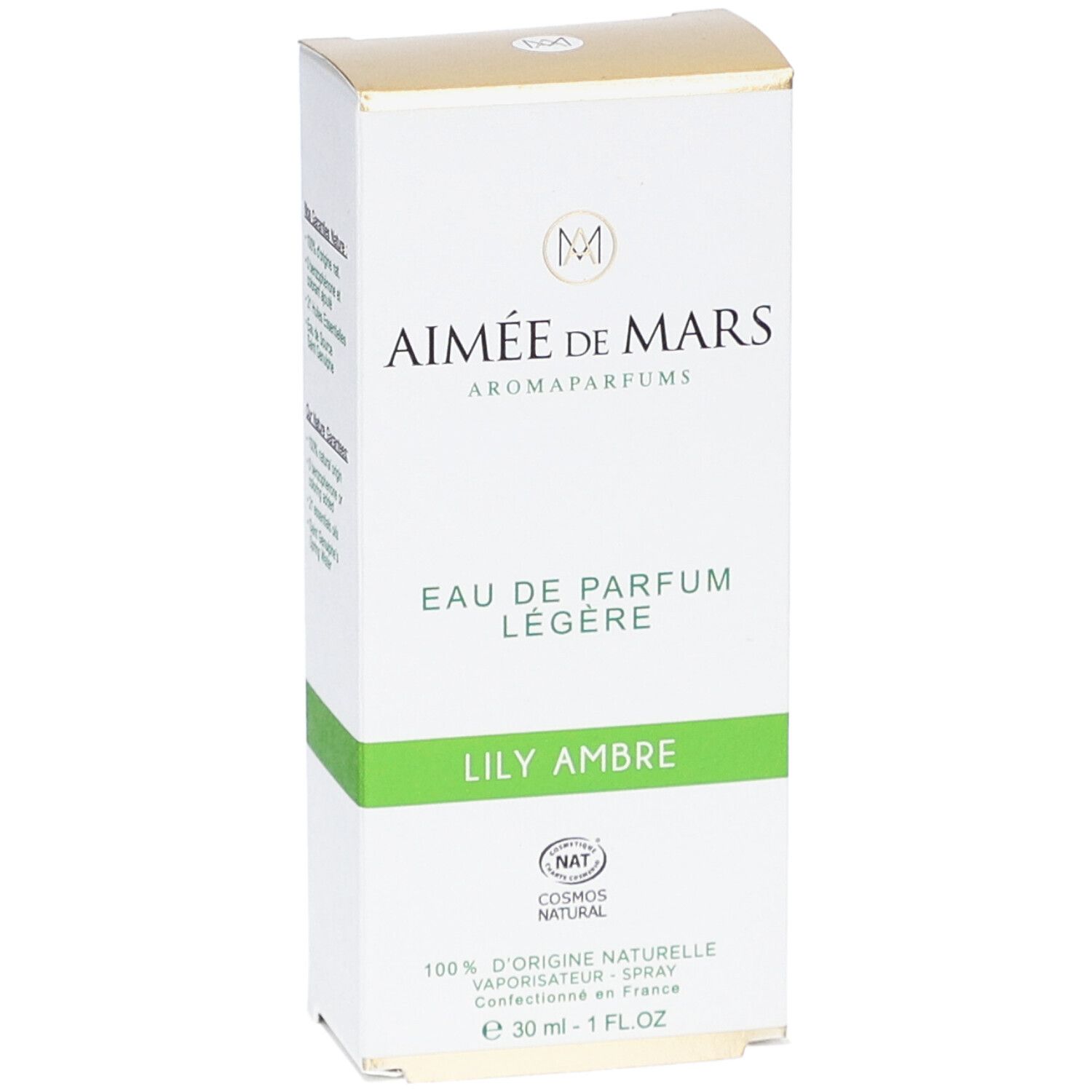 Witte doos met "Aimée de Mars" en "Lily Ambre". Groene streep. NAT-certificering. 30 ml.