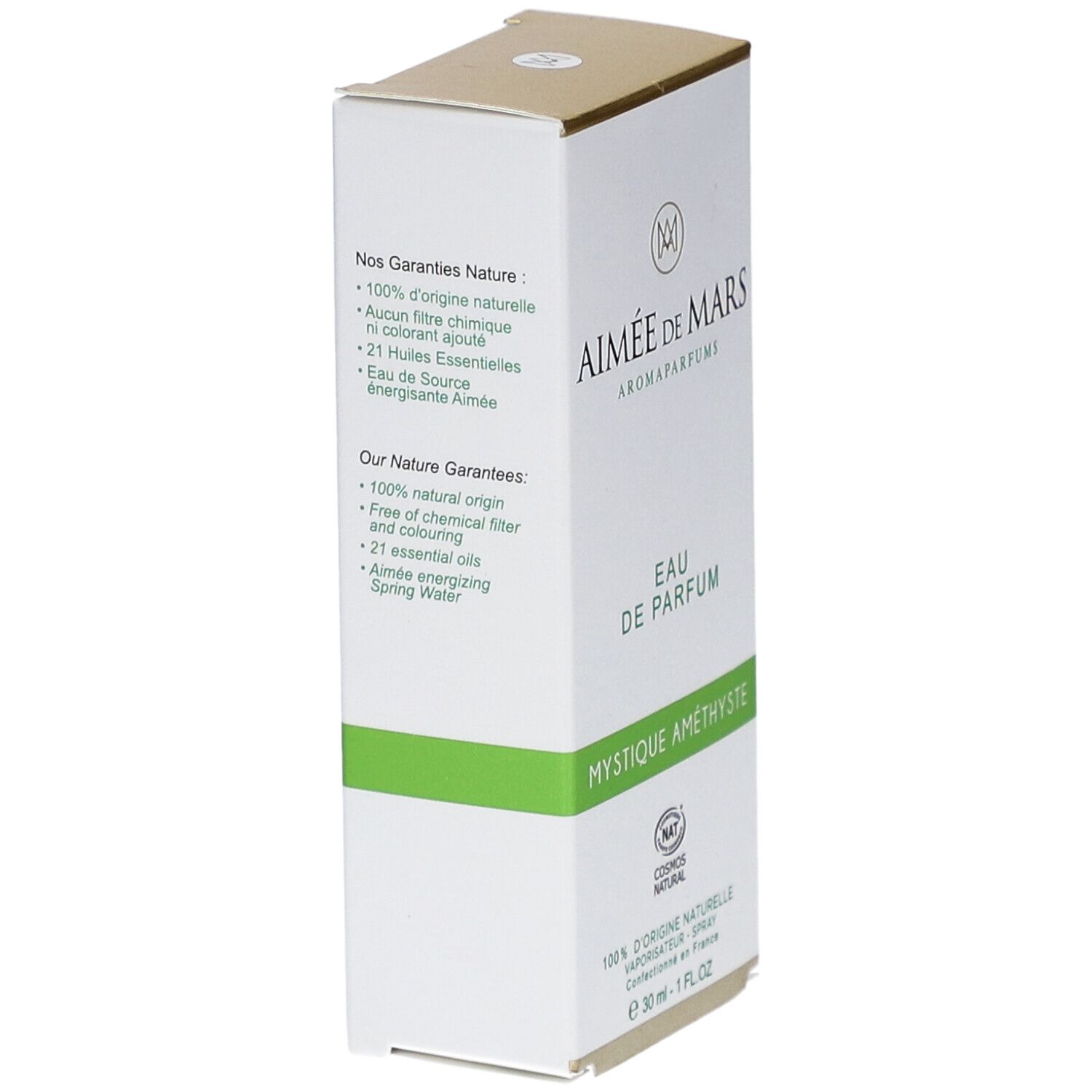 Witte doos met tekst. "Aimée de Mars" en "Eau de Parfum" zichtbaar. Groene lijn. Certificering.