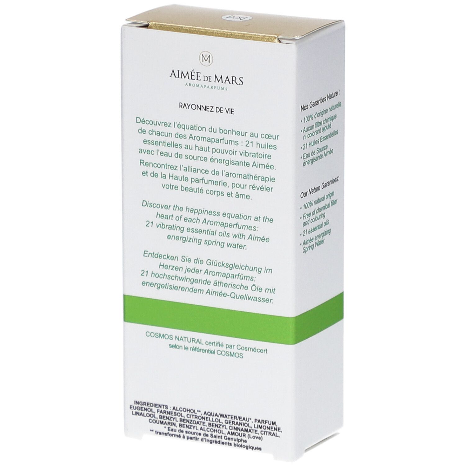 Witte doos met tekst. "Aimée de Mars" en "Eau de Parfum" zichtbaar. Groene lijn. Certificering.