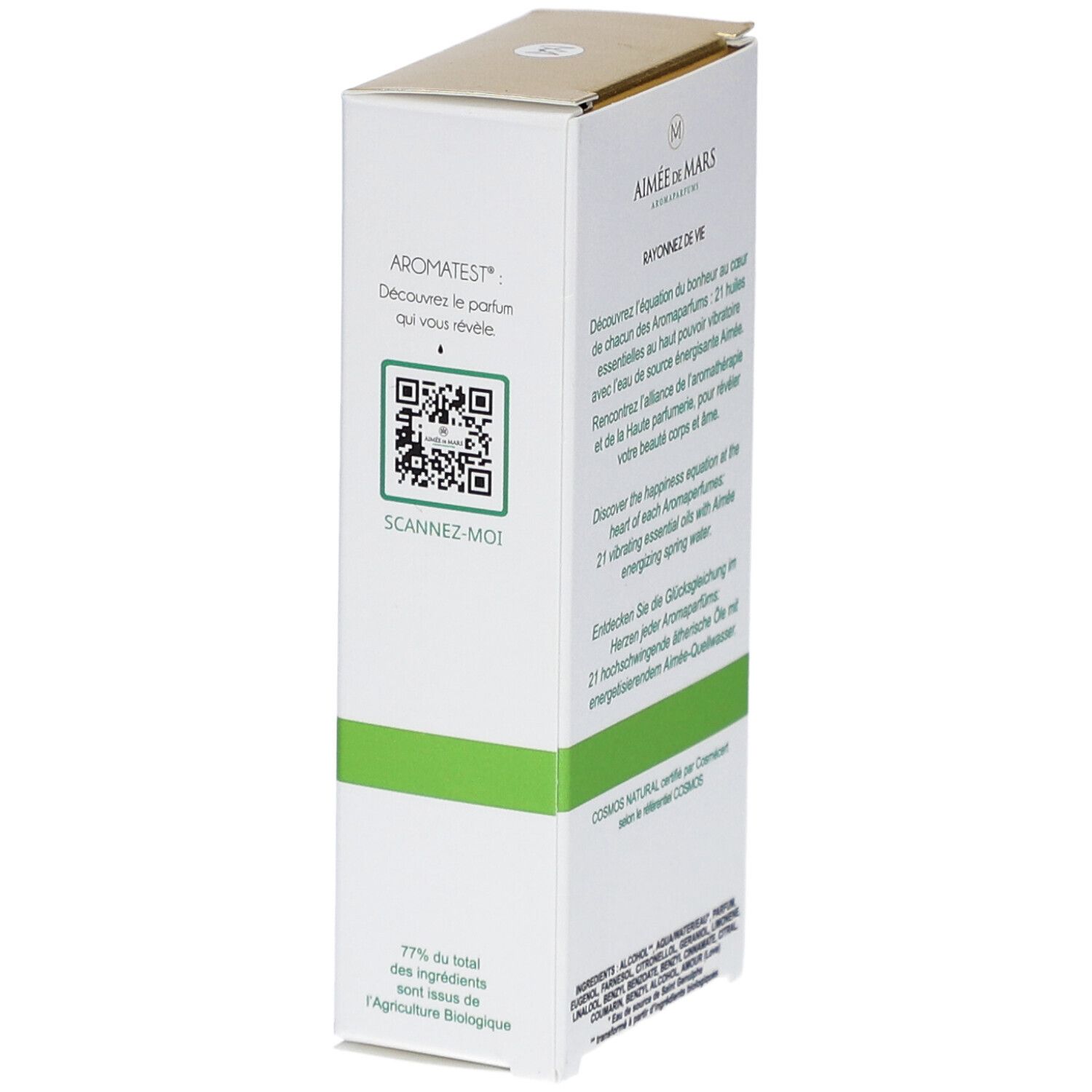 Witte doos met tekst en QR-code. "Aimée de Mars" en "Eau de Parfum" zichtbaar. Groene lijn. Certificering.