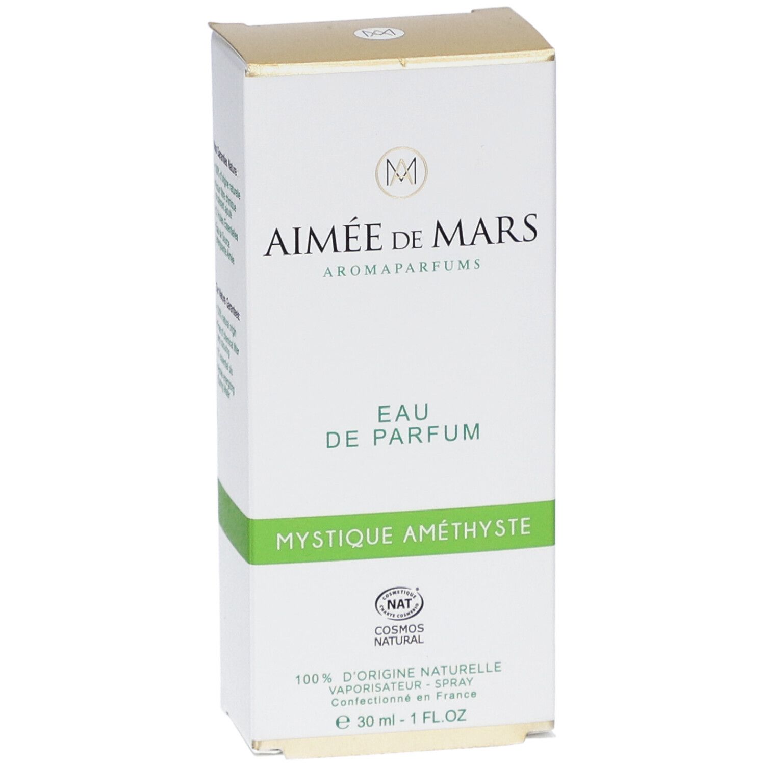 Witte doos met productnaam en logo. "Mystique Améthyste" en "Eau de Parfum" zichtbaar. Certificering.
