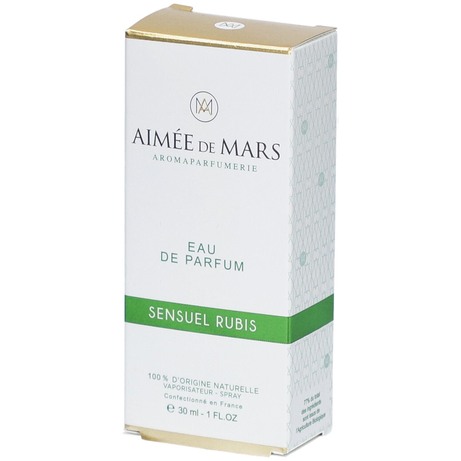 Verpakking parfum, wit met groen en goud. Tekst: Sensuel Rubis, Eau de Parfum. Merk Aimée de Mars.