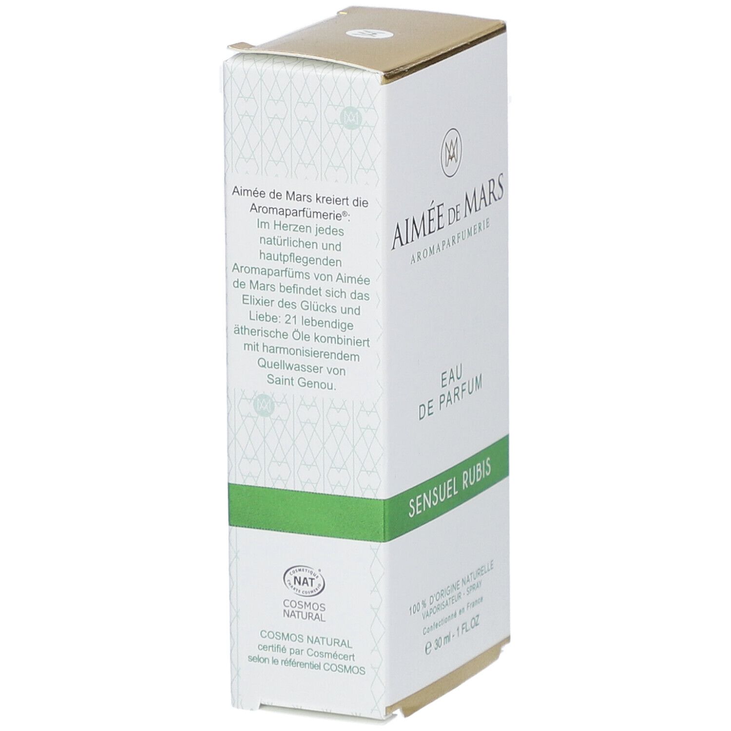 Verpakking parfum, wit met groen en goud. Tekst: Sensuel Rubis, Eau de Parfum. Cosmos Natural. Aimée de Mars.
