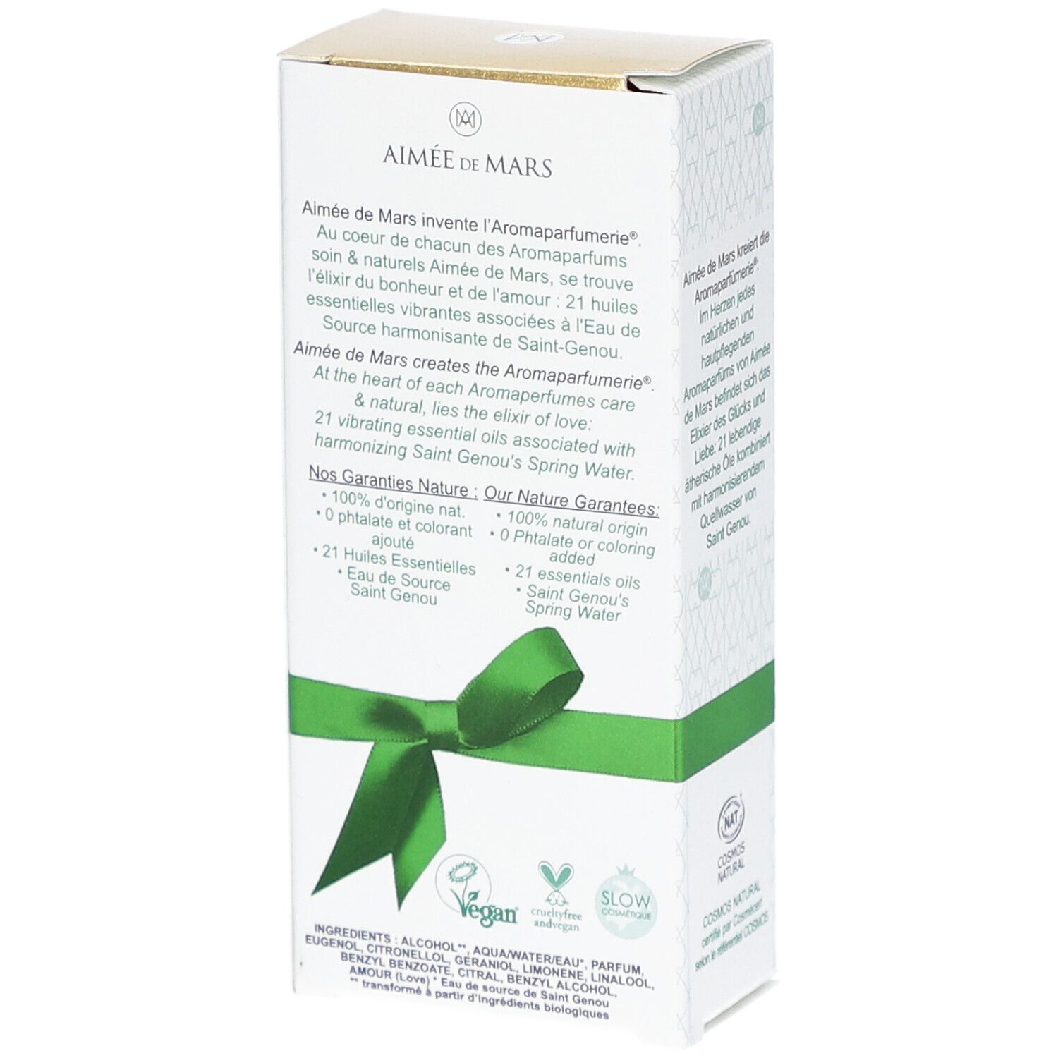 Achterkant parfumverpakking. Groen lint. Ingrediënten, 21 essentiële oliën, Saint Genou. Vegan label.