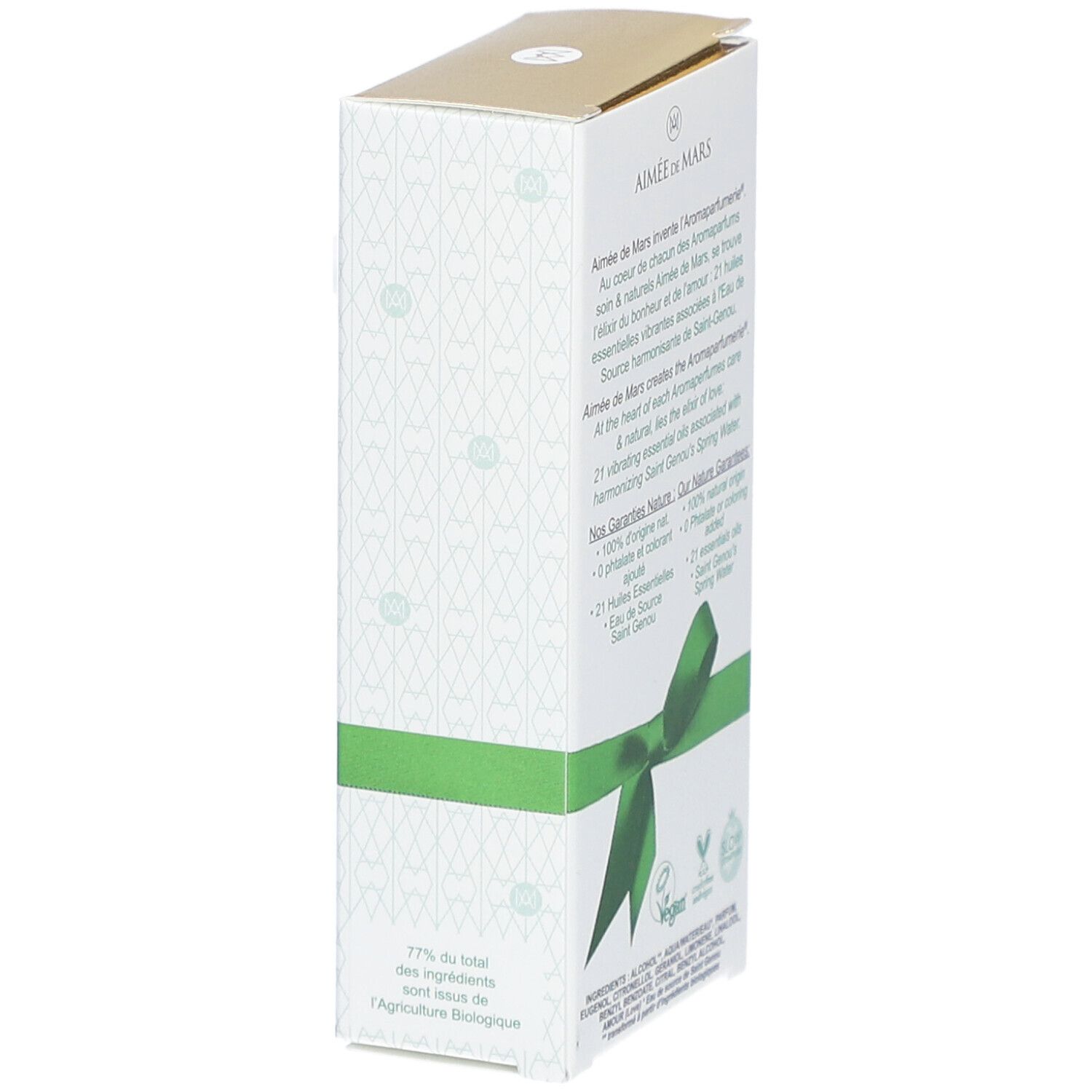 Parfumverpakking, groen lint. Tekst: 77% ingrediënten uit biologische landbouw. Vegan.