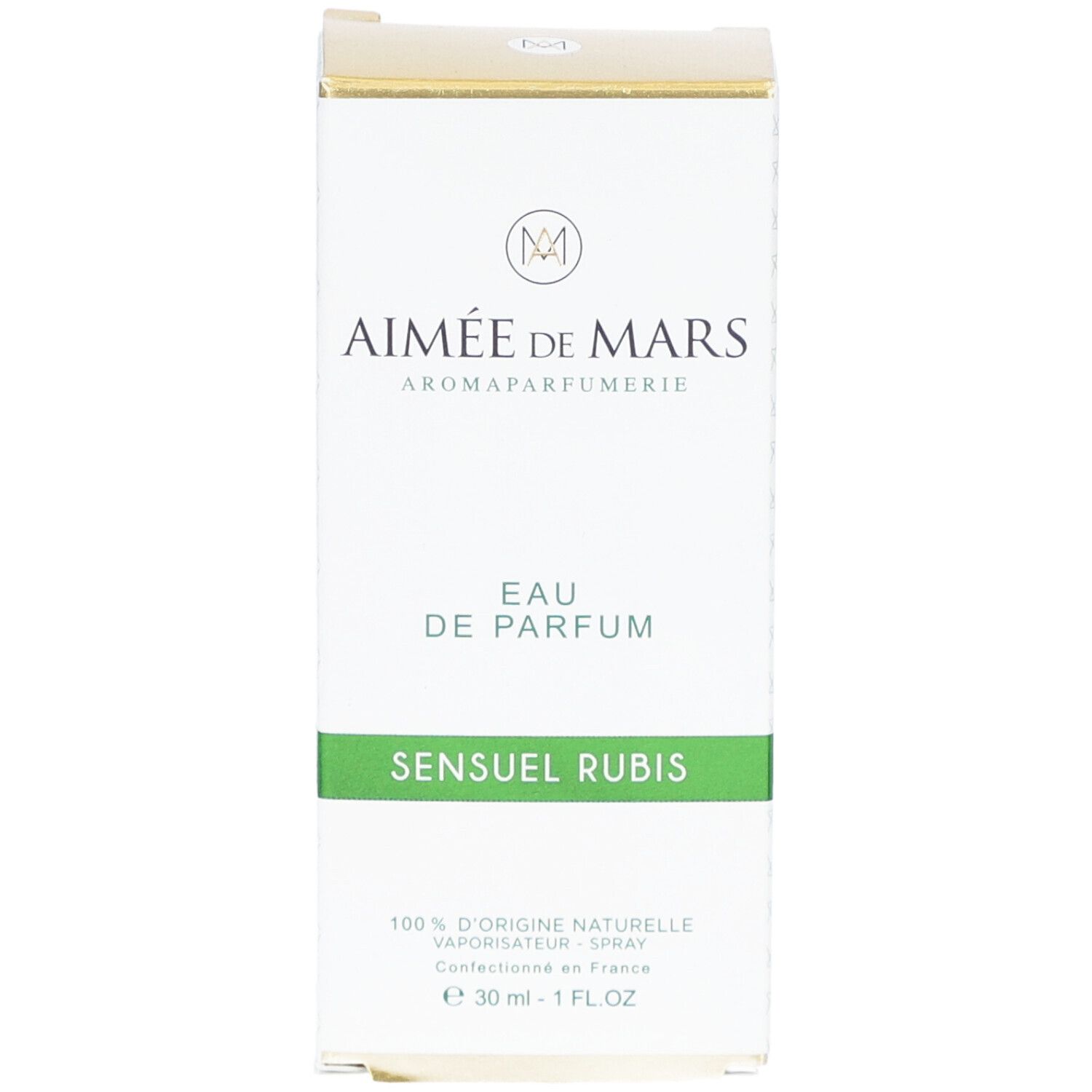 Verpakking parfum, wit met groen en goud. Tekst: Sensuel Rubis, Eau de Parfum. Aimée de Mars.