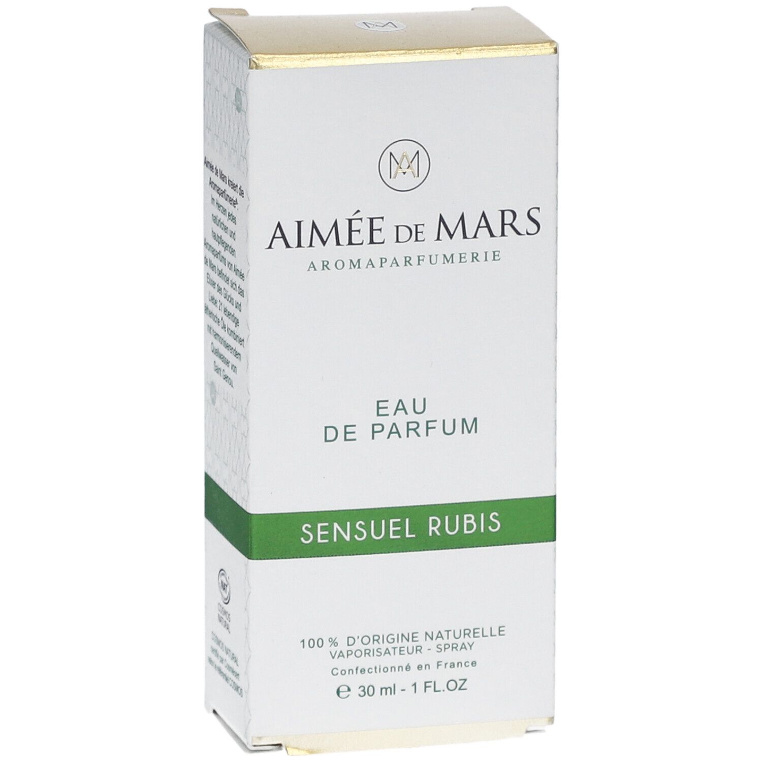 Verpakking parfum, wit met groen en goud. Tekst: Sensuel Rubis, Eau de Parfum. Aimée de Mars.