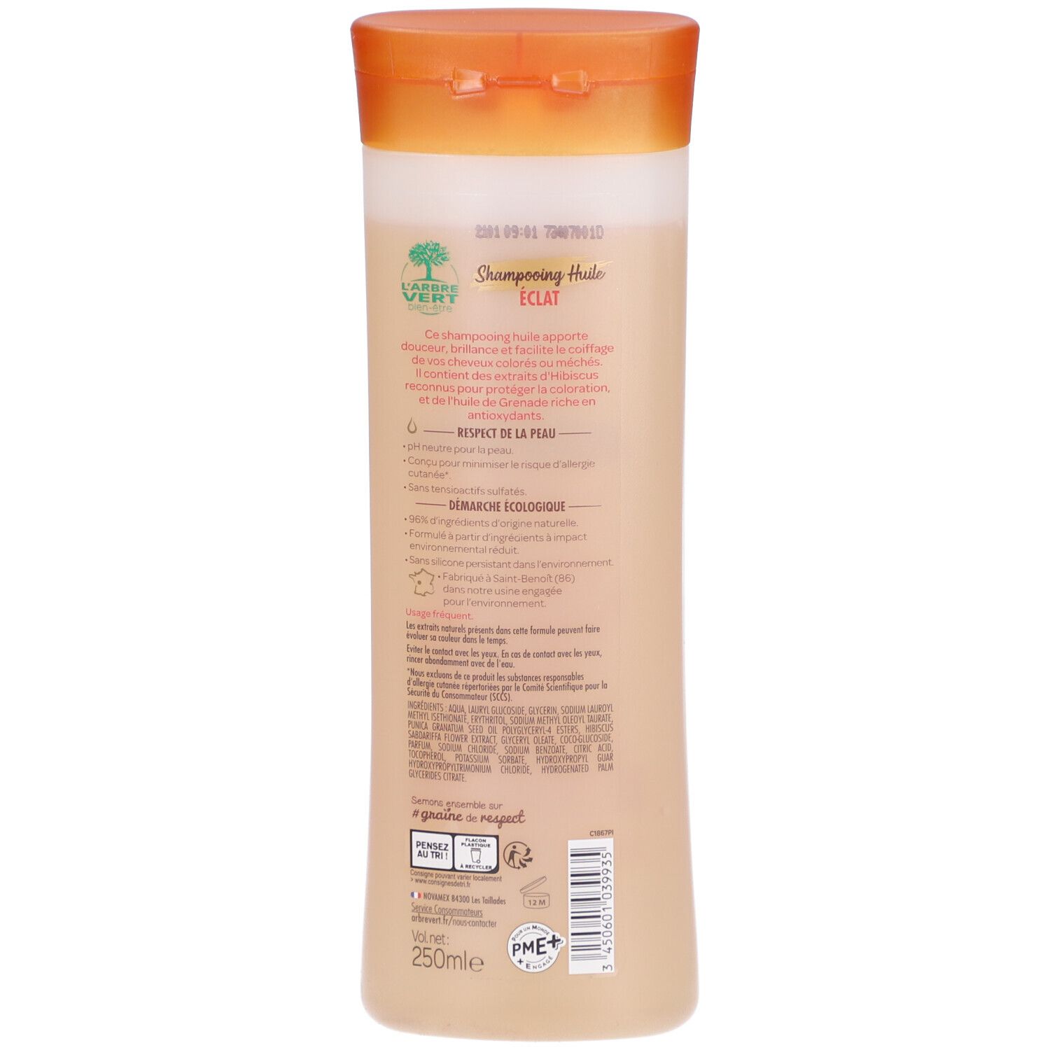 Dos du flacon de shampooing huile L'ARBRE VERT®. Étiquette avec informations, texte et logos.