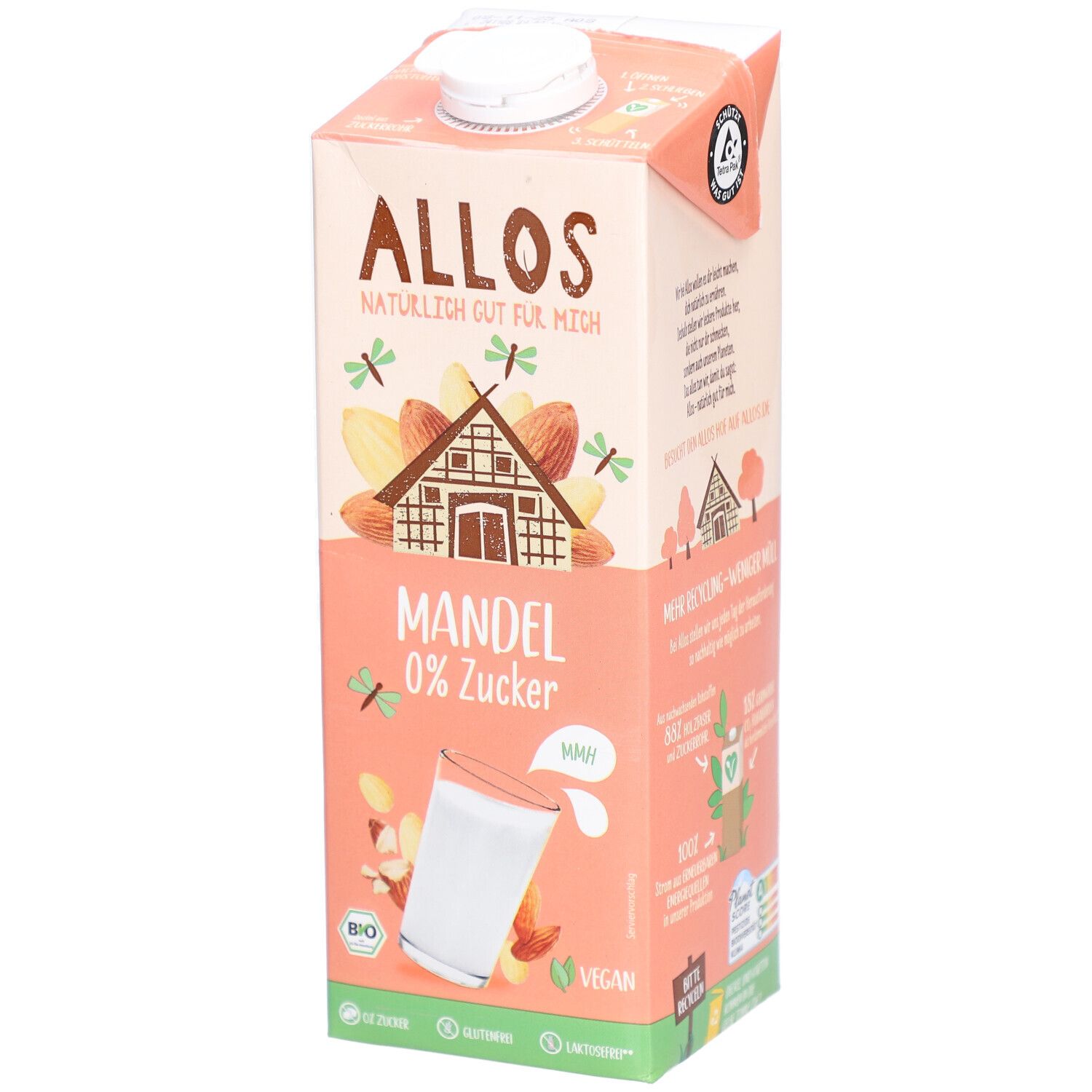 Tetrapack Allos Mandel Drink, 0% suiker. Opschrift: Mandel, EU Bio, Vegan. Afbeelding: glas amandeldrank.