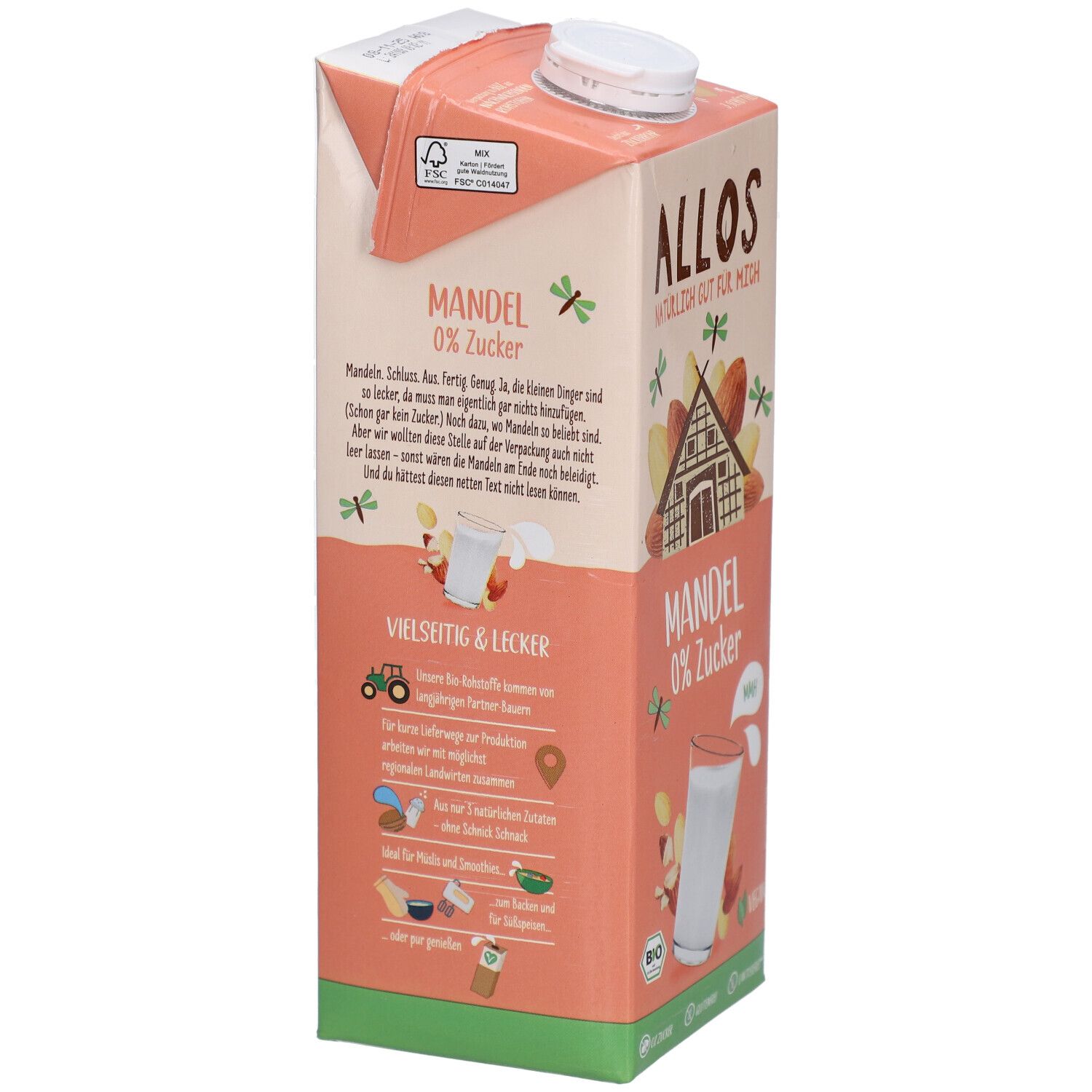 Tetrapack Allos Mandel Drink, 0% suiker. Tekst en illustraties over productie en ingrediënten. EU Bio-label.